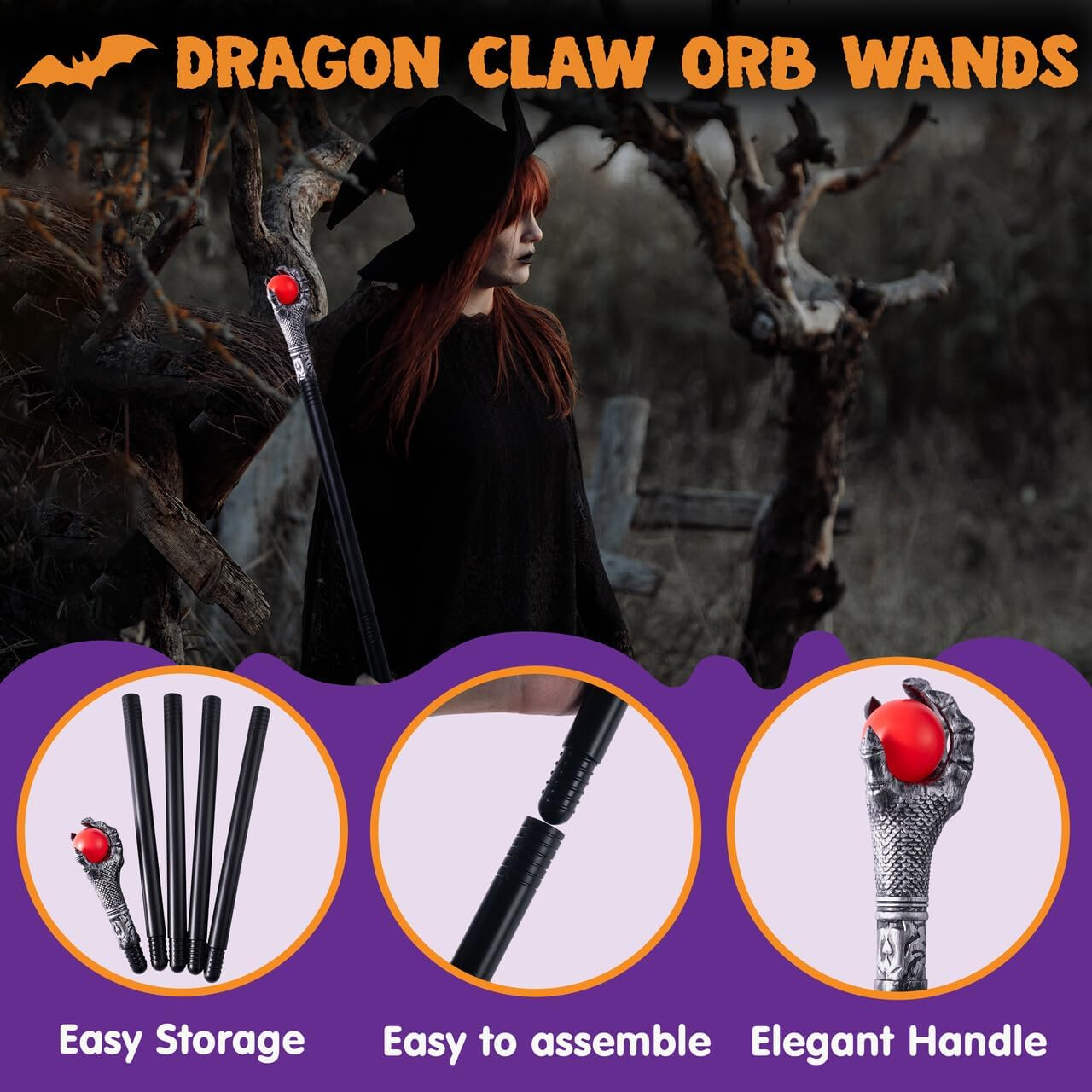 Spooktacular Creations Halloween Costumes Walking Cane Red Fire Dragon Claw round Wands with Fire Wizard Staff Stick Accessories for Halloween Party Pretend Play Costume, Halloween Dress Up image number 5