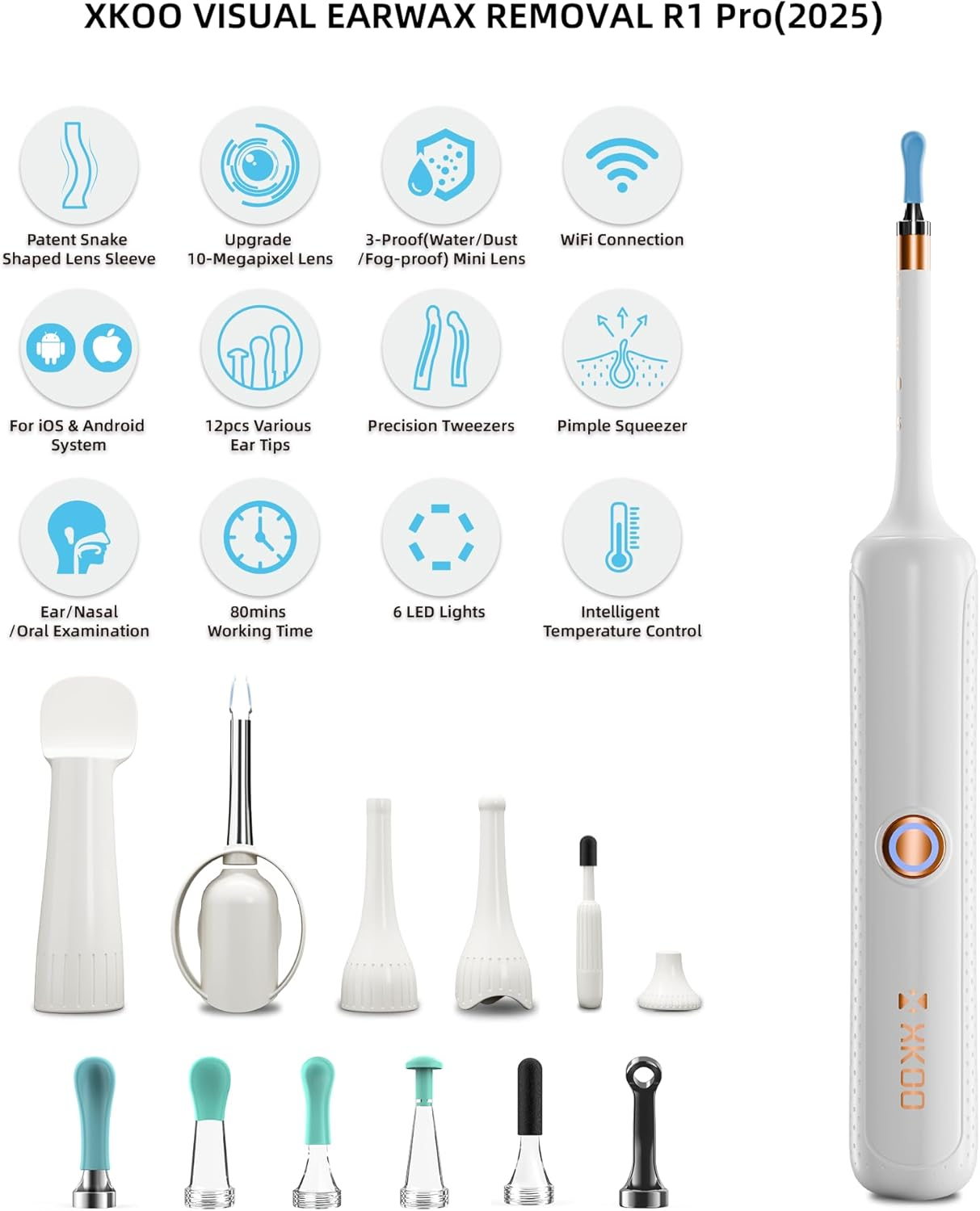 R1 Pro Visual Earwax Removal Ear Cleaner Kit Earscope Ear Wax Remover Tools Smart Ear Pick Kit with Camera for Ios & Android (Blue) image number 1