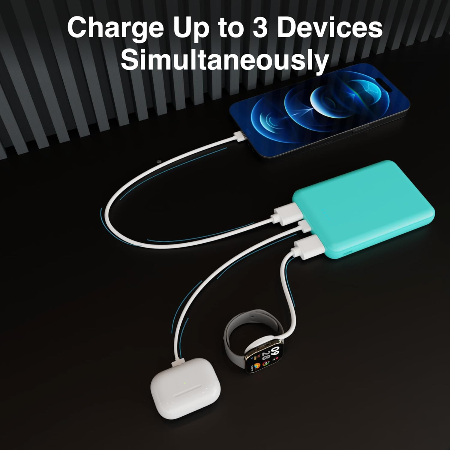 Laser 5000Mah Powerbank Dual USB-A, USB C Charger Ports, 118G Portable Charger, LED Display, 10W, 3-In-1 Cable, Compatible for Iphone15/14/13/12/Pro Max, Samsung, Ipad, Apple Watch, Tablet - Aqua image number 1