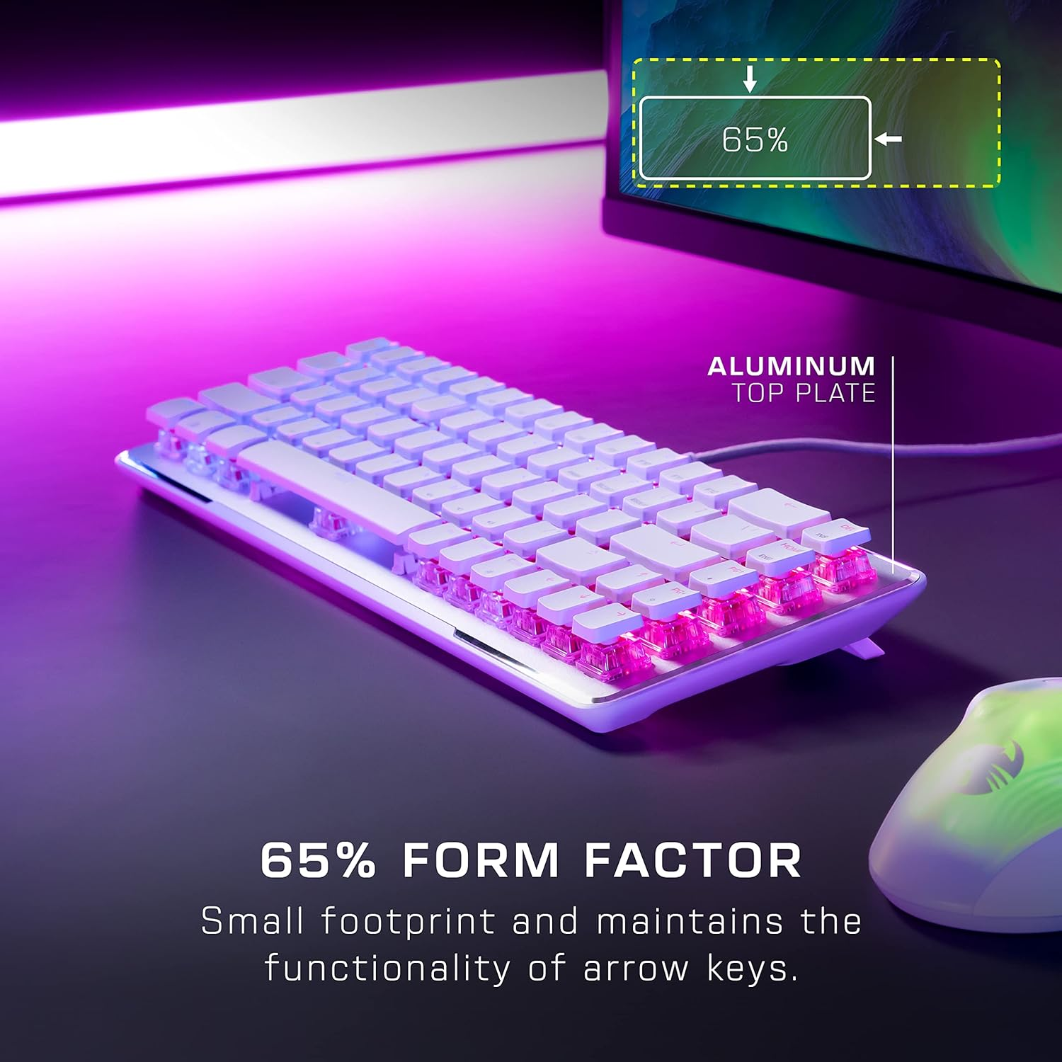 ROCCAT Vulcan II Mini &ndash; 65% Optical Gaming Keyboard with Customizable RGB Illumination, Detachable Cable, Button Duplicator Technology, On-Board Profiles, Aluminum Plate, 100 Million Keystroke Durability - White