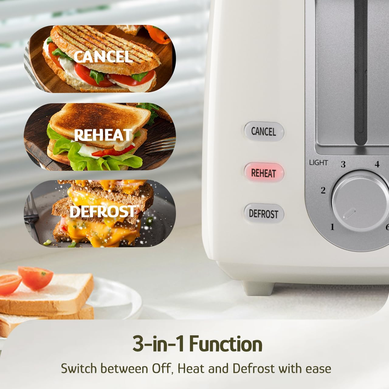 Hazel Quinn 2 Slice Toaster with Wide Slots 6 Browning Levels, Even Heating, Removable Crumb Tray Quick Toast for Thick Bread, Bagels White image number 6