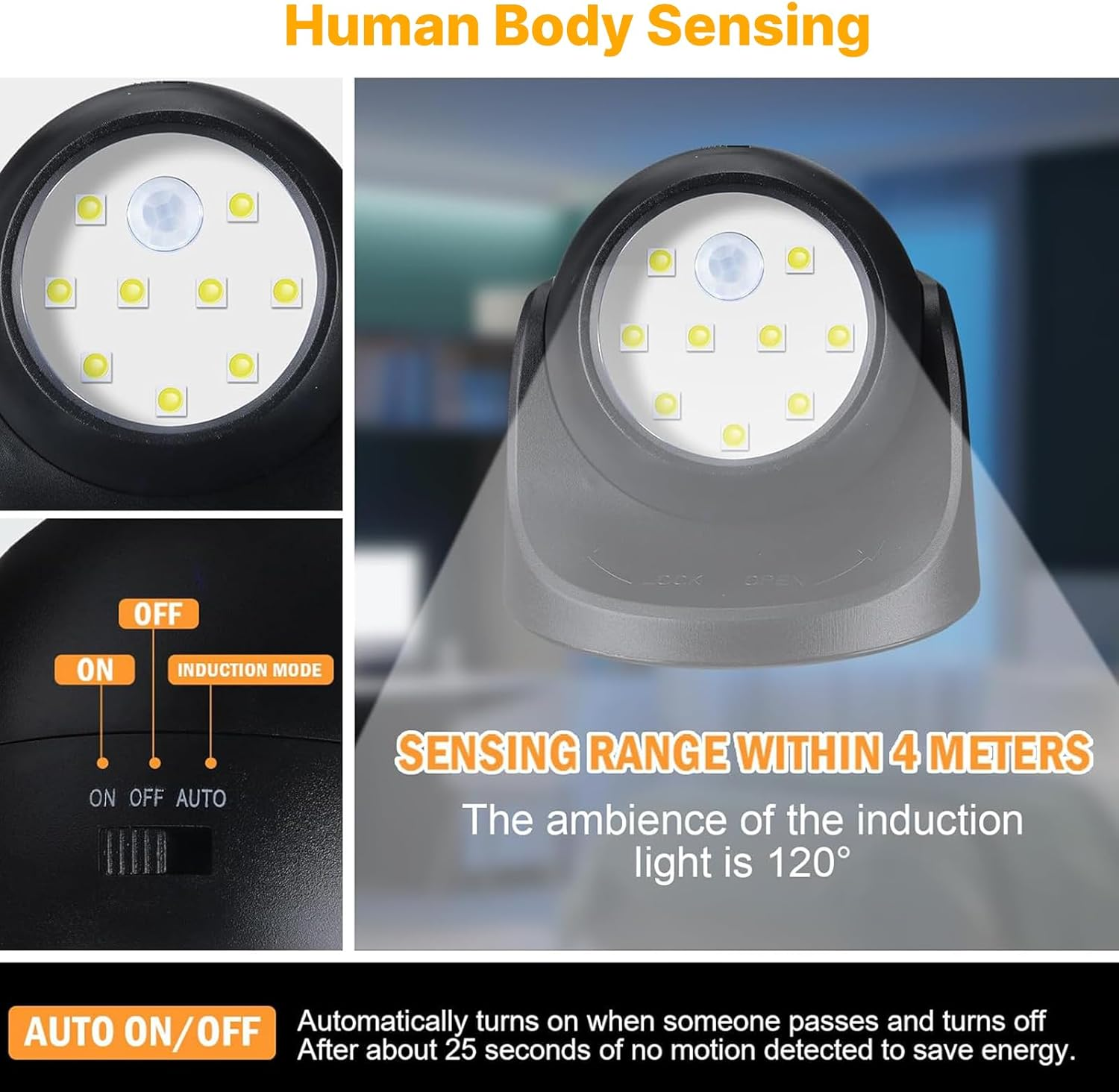 Rhoyee Operated Motion Sensor Lights Outdoor, 2 Pack Wireless LED Security Spotlight, 100 Lumens, IP44 Waterproof, 360&deg; Adjustable, Auto On/Off Wall Lights for Porch, Garage, Stairs, Hallway image number 6