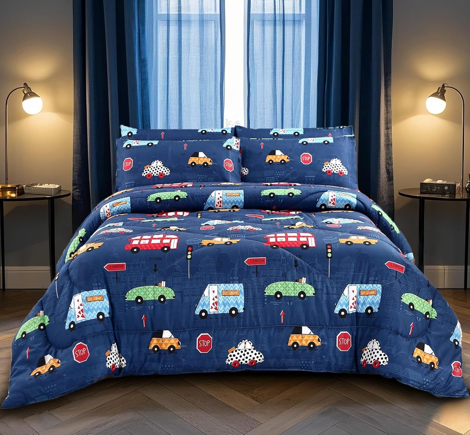 MAG 3Pcs Cartoon Car Bedding Comforter Set, Blue Cute Twin Comforter Set for Toddlers,Kids,Boys Teens and Girls,Super Soft Microfiber,Twin Size