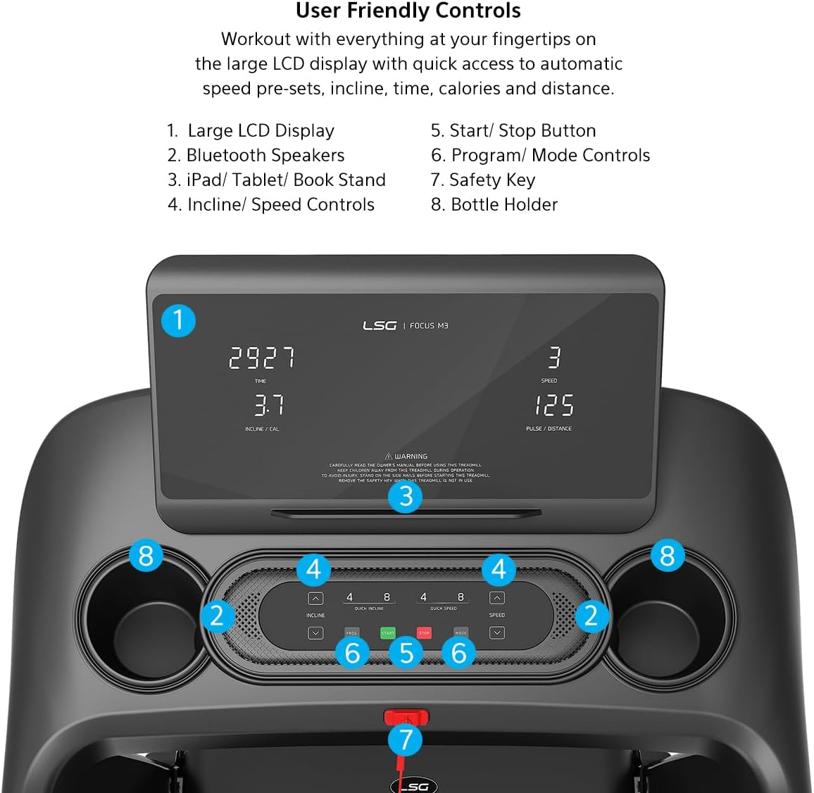 LSG Focus Treadmill with Everdrive&reg; H4 Motor, 15 Levels of Automatic Incline, 1.0 to 18Km/H Speed Range, Shockcontrol&trade; Basic Cushioning System, Spacious Duragrip&reg; Belt & 20 Preset Workout Programs image number 6