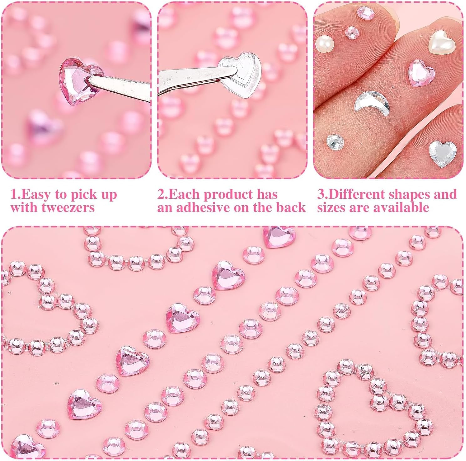 5 Sheets Self Adhesive Face Gems for Makeup - 3D Heart Star Moon Rhinestone Stickers, Eye Nail Body Crystal Pearls Jewels for Festival Crafts image number 4