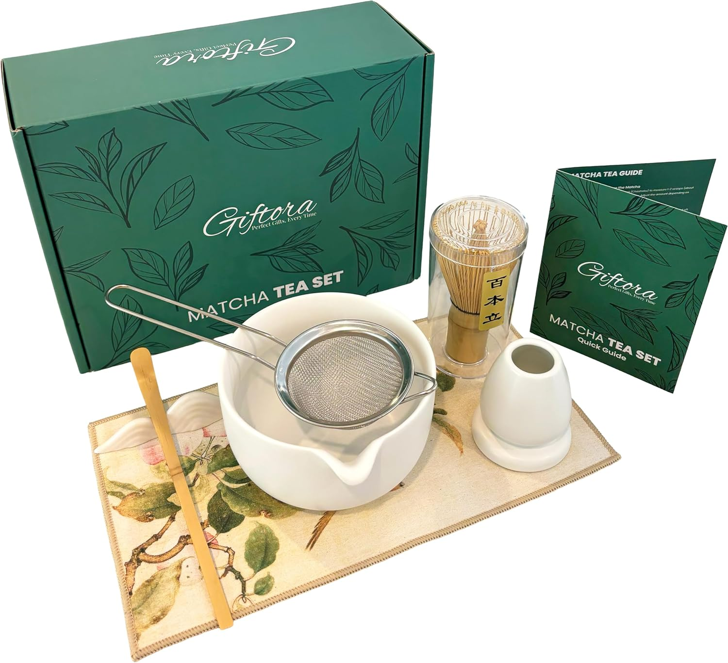 Matcha Whisk Set &ndash; 7-Piece Japanese Matcha Tea Set with Chasen, Matcha Bowl, Sifter, Tea Strainer, Whisk Holder & Kitchen Towel &ndash; Complete Matcha Kit by Giftora (White) image number 6