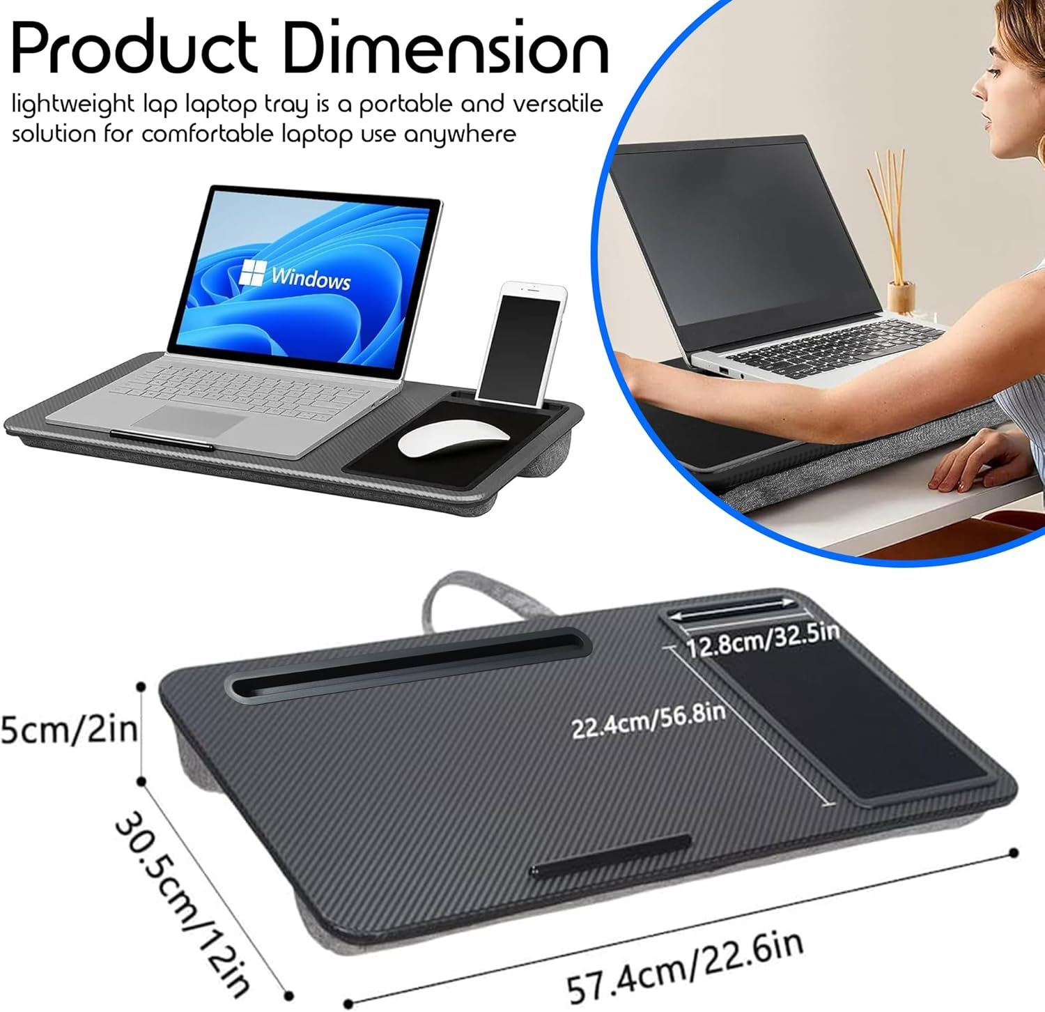 Lap Desk Laptop Tray with Cushion Support | Portable Laptop Stand with Built in Mouse Pad and Phone Holder | Lightweight Bed Sofa Floor Tablet Desk for Home Office and Travel image number 3