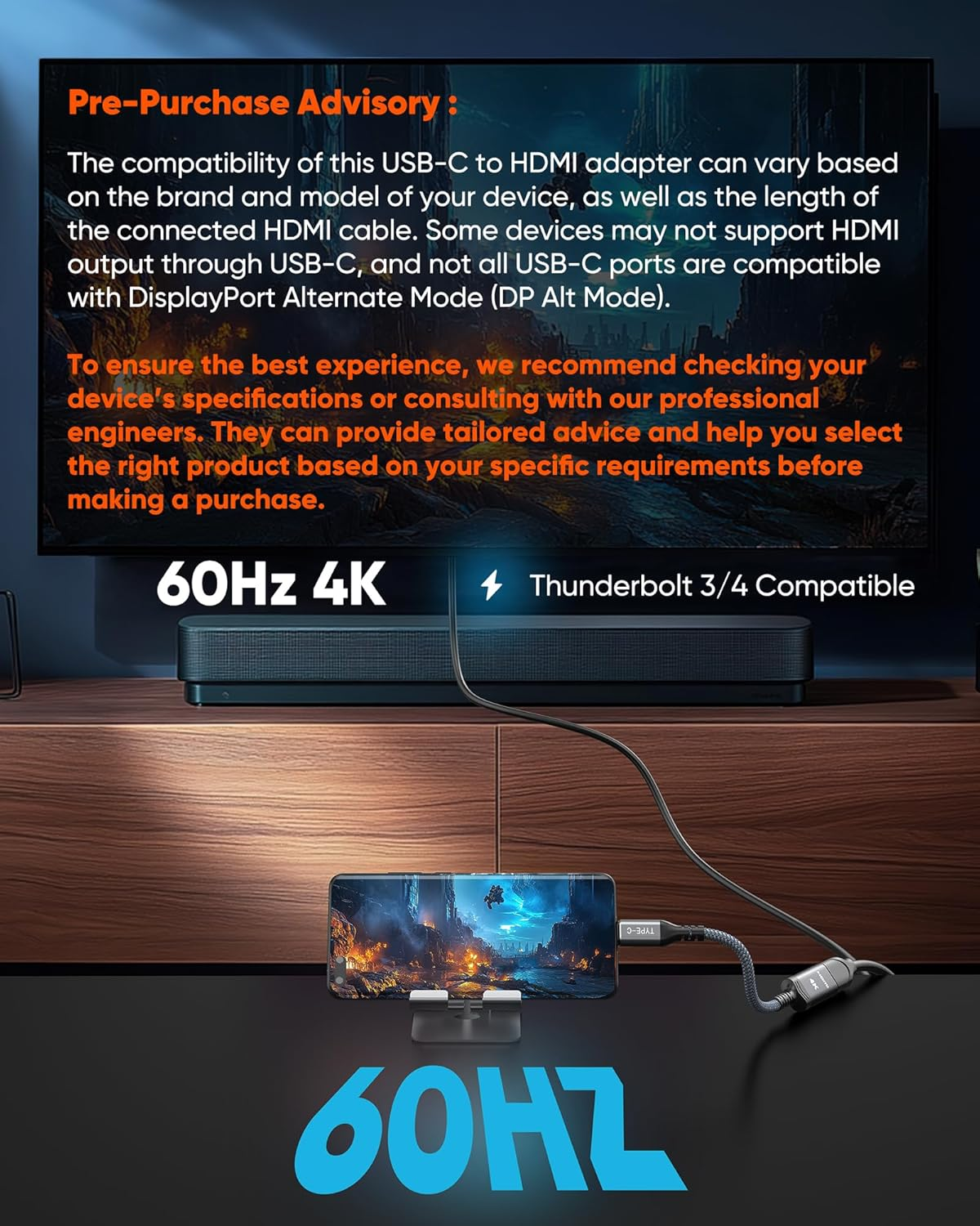 Highwings USB C to HDMI Adapter (4K@60Hz), USB Type C to HDMI Cable Adapter [High Speed, Thunderbolt 3/4 Ports], Compatible for Iphone 15/16 Pro/Max, Macbook Pro/Air, Ipad, Imac and More - Grey image number 4