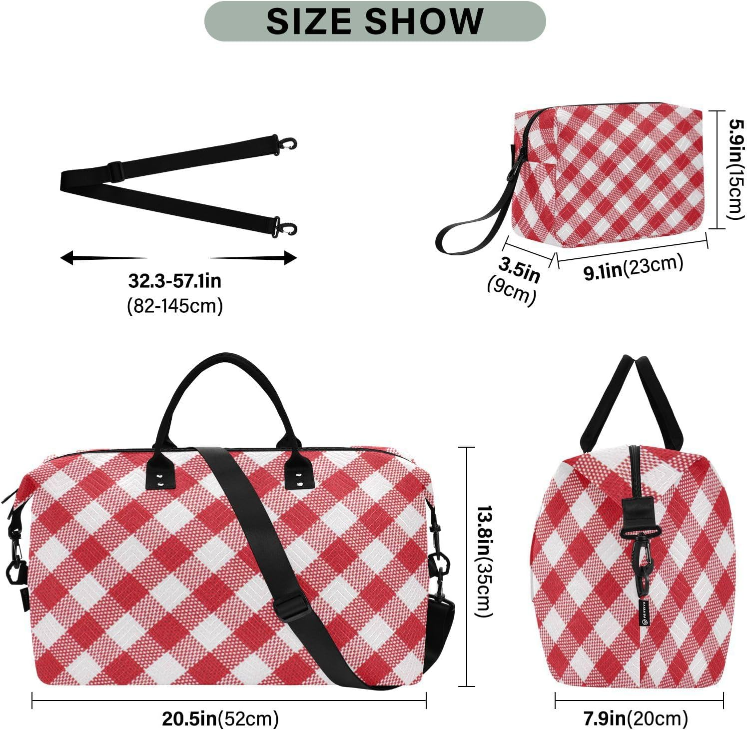 Large Travel Duffel Luggage Weekender Bag Buffalo Plaid Red White Gym Tote Bag with Adjustable Strap for Sports, Buffalo Plaid Check Tartan Scotland Red, Set of 2, Art Deco image number 2