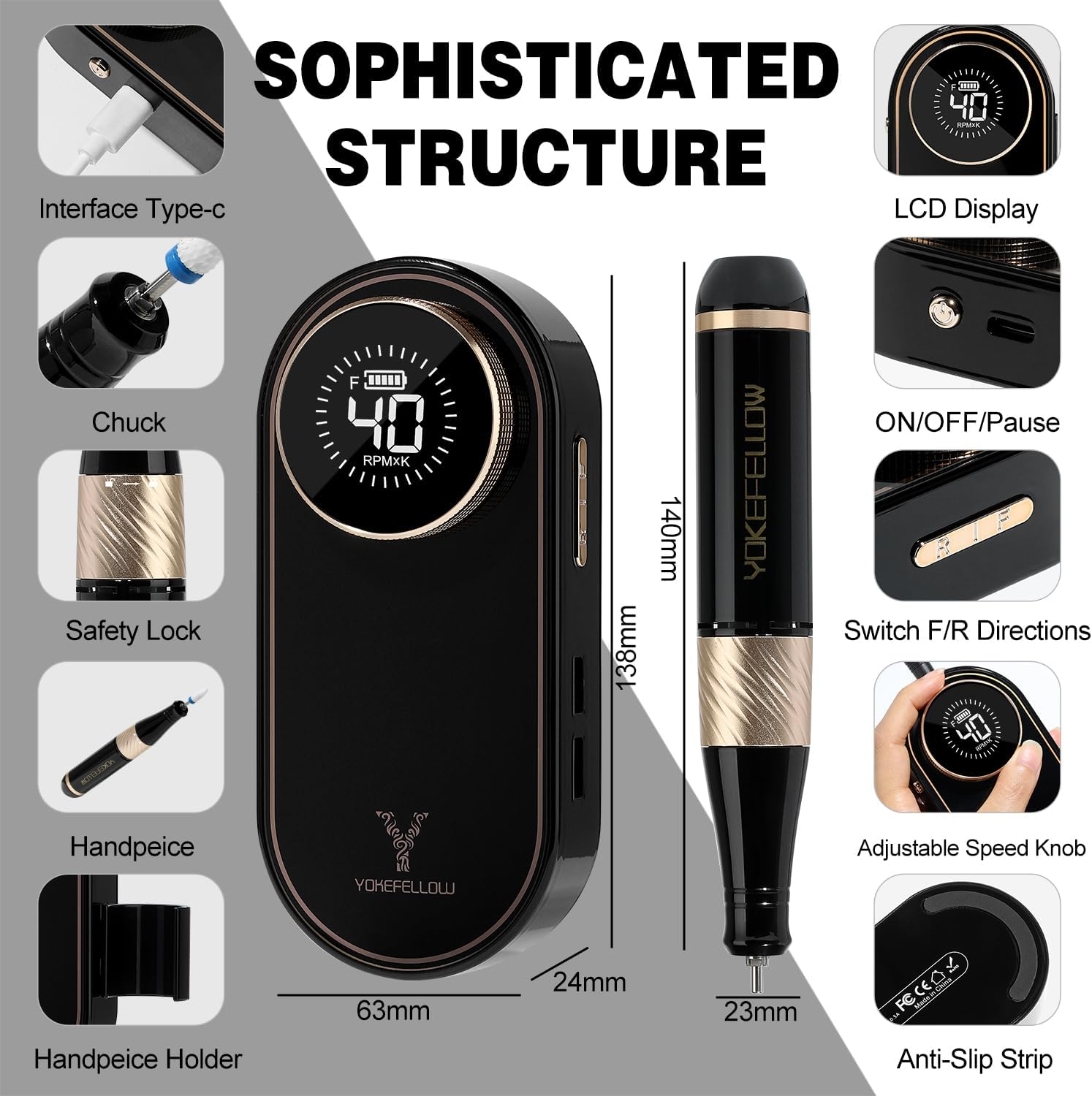 YOKE FELLOW Pngles Professional 40000RPM Portable Rechargeable Nail Drill with LCD Display and 12 Sanding Bits for Pedicure Manicure image number 2