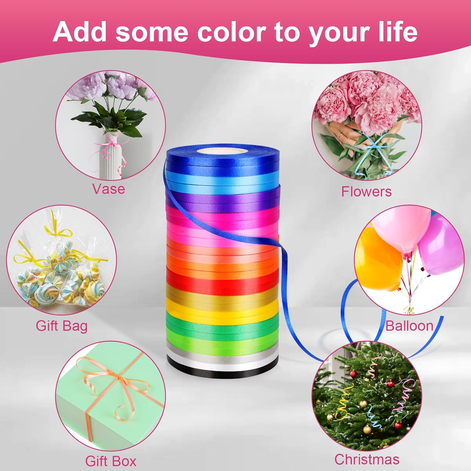 Vivinin 27 Roll Curling Ribbon, 3/16 Inch X 32.8 Yard Balloon String, 15 Colors Ribbons for Crafts, Balloon String Ribbon for Party, Festival, Florist Flower image number 2