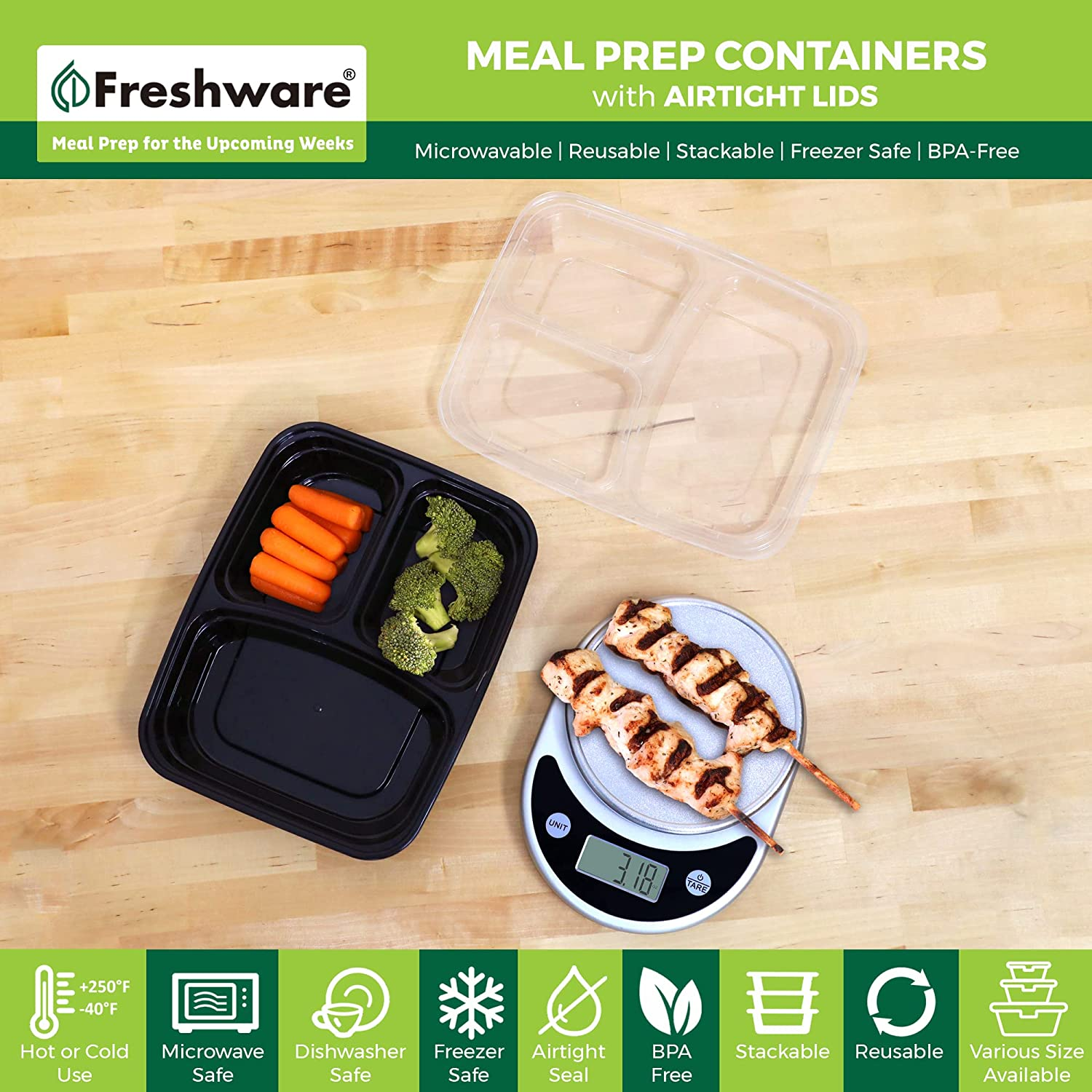 Freshware Meal Prep Containers [150 Pack] 3 Compartment with Lids, Food Storage Containers, Bento Box, BPA Free, Stackable, Microwave/Dishwasher/Freezer Safe (24 Oz) - 24Oz-21Pk image number 7