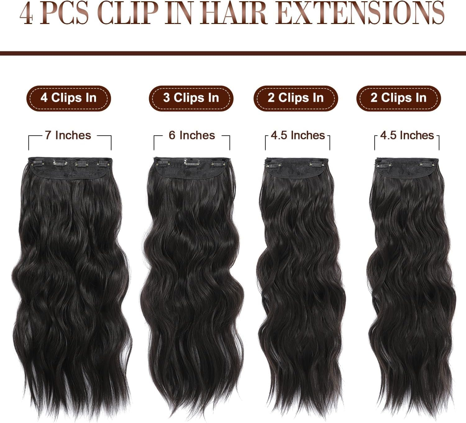 FINE plus Clip-In Extensions, 4 Pieces Long Wavy Hair Extensions Clip in Dark Brown Soft Double Weft Brunette Extensions with Clip Synthetic Hairpiece for Women - 50.8 Cm image number 3