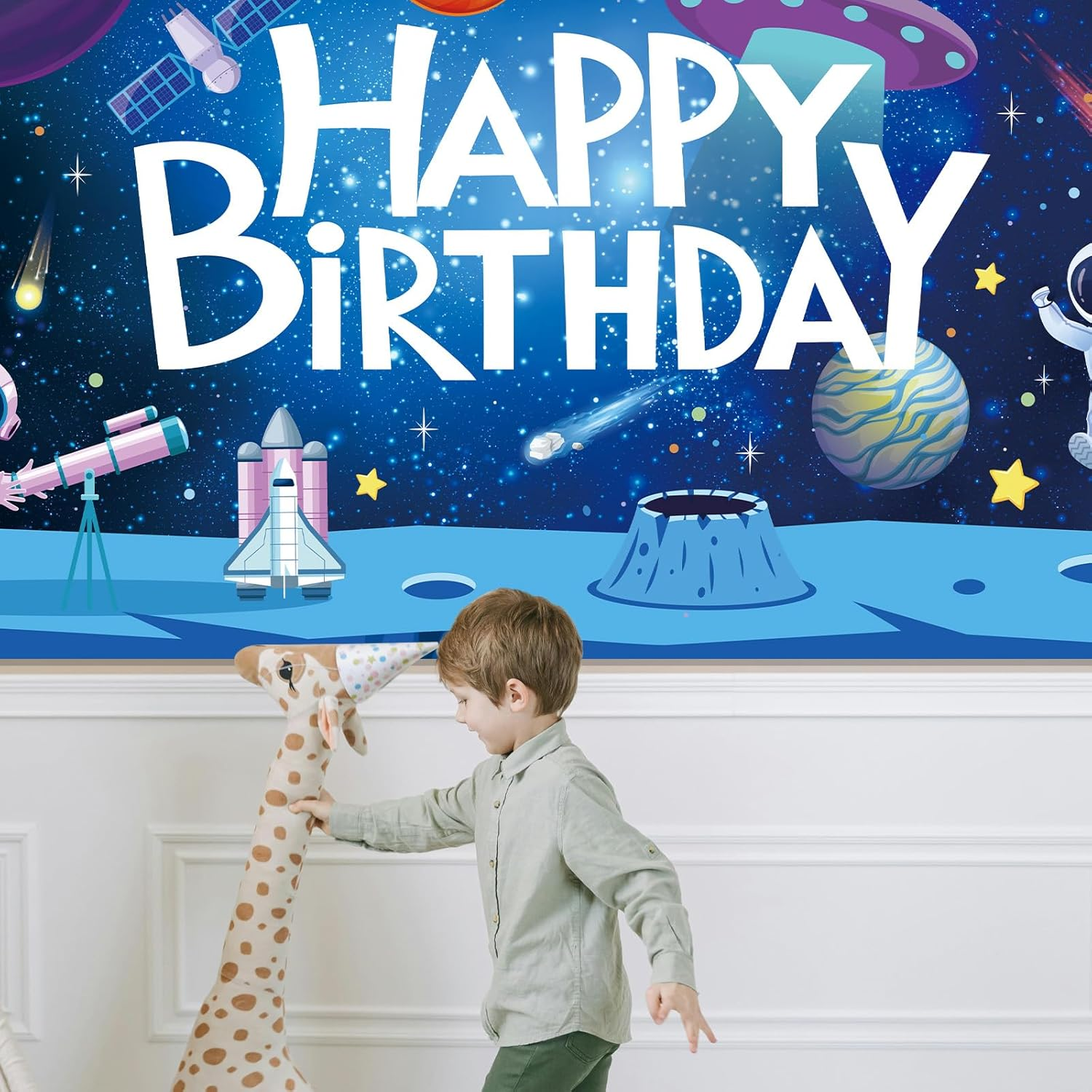 5.9X3.28Ft Space Birthday Backdrop, Outer Space Happy Birthday Banner Astronaut Rocket Birthday Party Decorations Planet Space Theme Photo Studio Props Party Supplies for Boys Kids image number 2