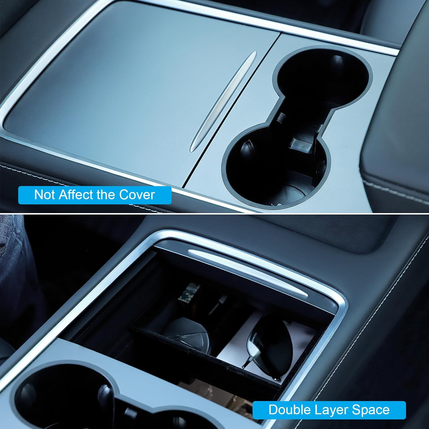 5PCS Center Console Organizer Tray for Tesla Model 3 Y Accessories 2023 with Silicone Cup Holder Insert, Rear Trunk Hook, Camera Cover for Tesla Model 3 Y 2021 2022, Upgrade Flocked Material image number 5