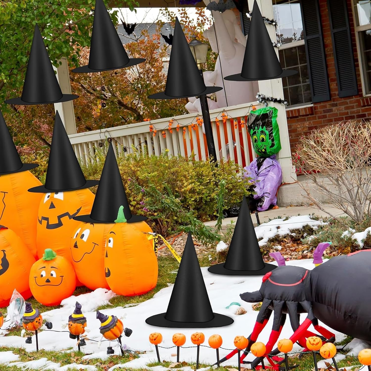 Weidllys 12 PCS Halloween Witch Hats, Black Hanging Witch Hat, Witch Costume Accessories Witches Hat with 328 FT Nylon Cord Wizard Hats Indoor Outdoor Halloween Decorations for Home Yard Porch Ceiling image number 6