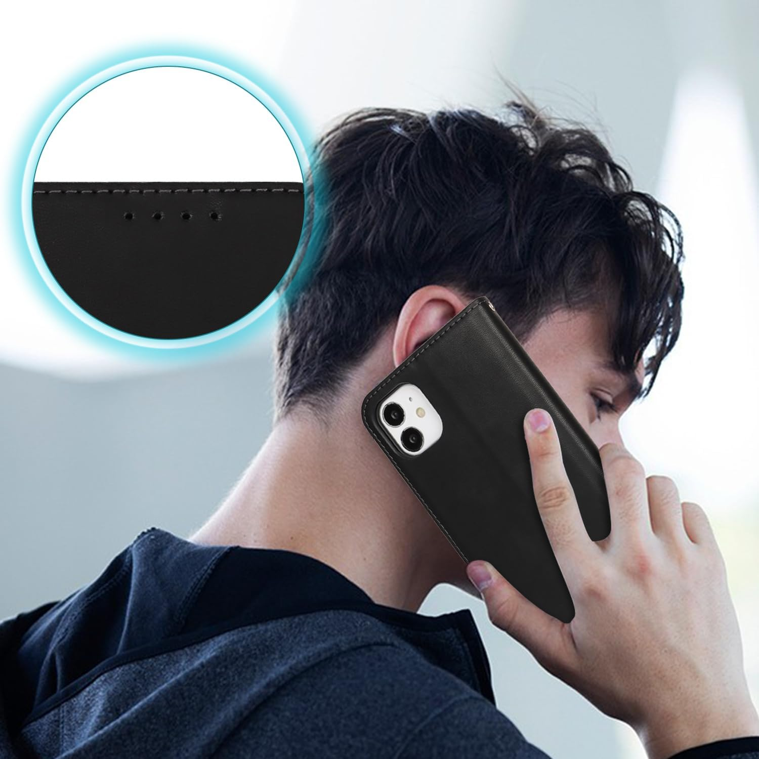 For Iphone 11 Case Leather Wallet Magnetic Flip Cover with Wrist Strap Card Holders Sunyoo Case Women Men RFID Blocking Porte Feuille Portefeuille Coque &Eacute;tui for Iphone11 Pour Femmes Homme Black image number 3