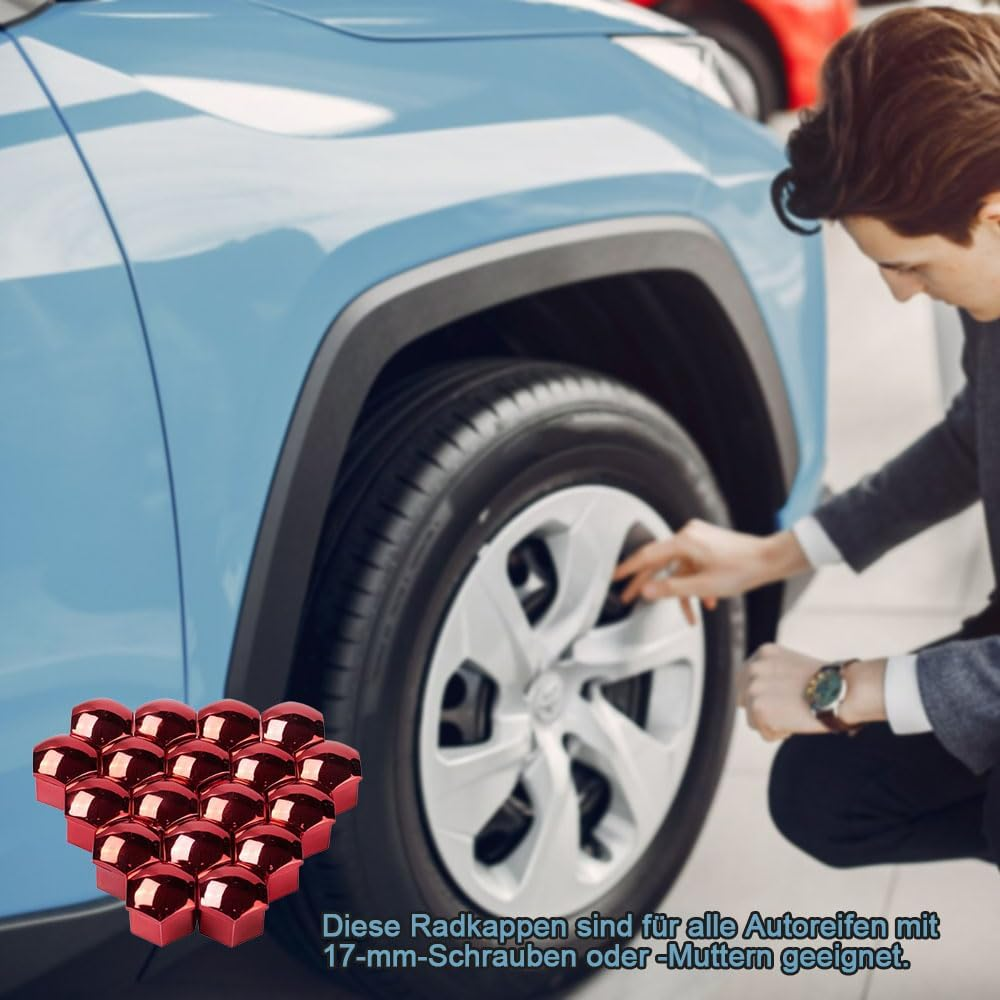 KOMUNJ Pack of 20 Hexagonal Tyre Nut Covers, 17 Mm Nut Covers, Wheel Nut Caps 17 Mm, Wheel Bolt Caps, Universal Tyre Nut, Wheel Nut Cap with Removal Tool, Red image number 1