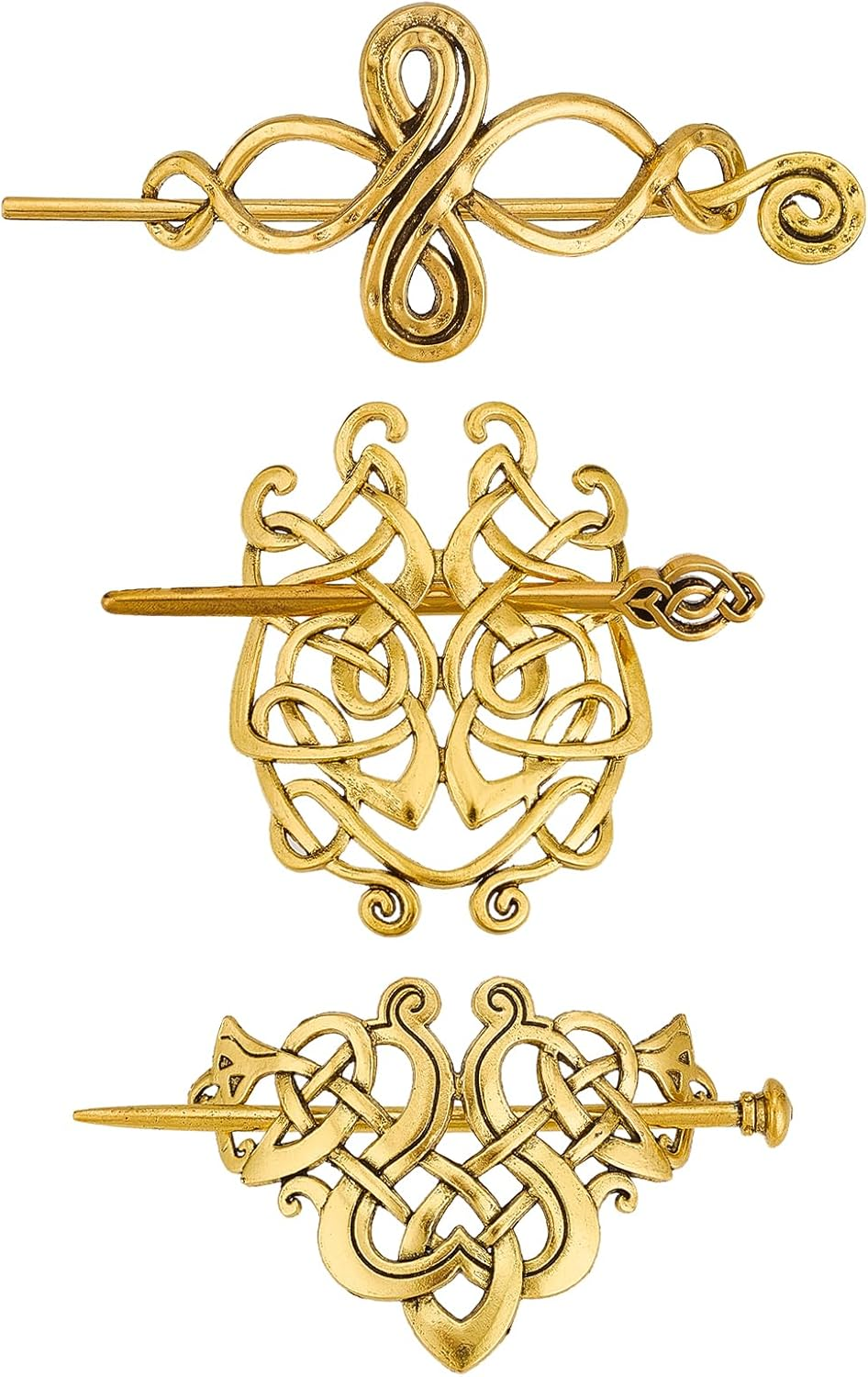 NICENEEDED 3 PCS Vintage Viking Celtic Shawl Hairpins, Crossed Knots Barrette Spiral Crocheted Hair Clips, Retro Ancient Gold Hair Accessories for Women Scarf Sweater image number 4