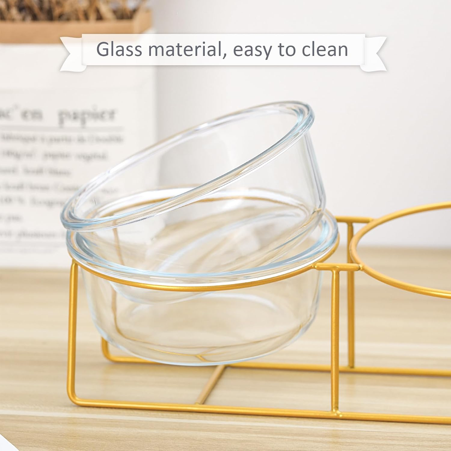 Small Double Elevated Dog Bowls - Raised Dog Bowl - Glass Dog Cat Bowl Set for Food and Water - Pet Comfort Feeding Bowls with Gold Iron Stand