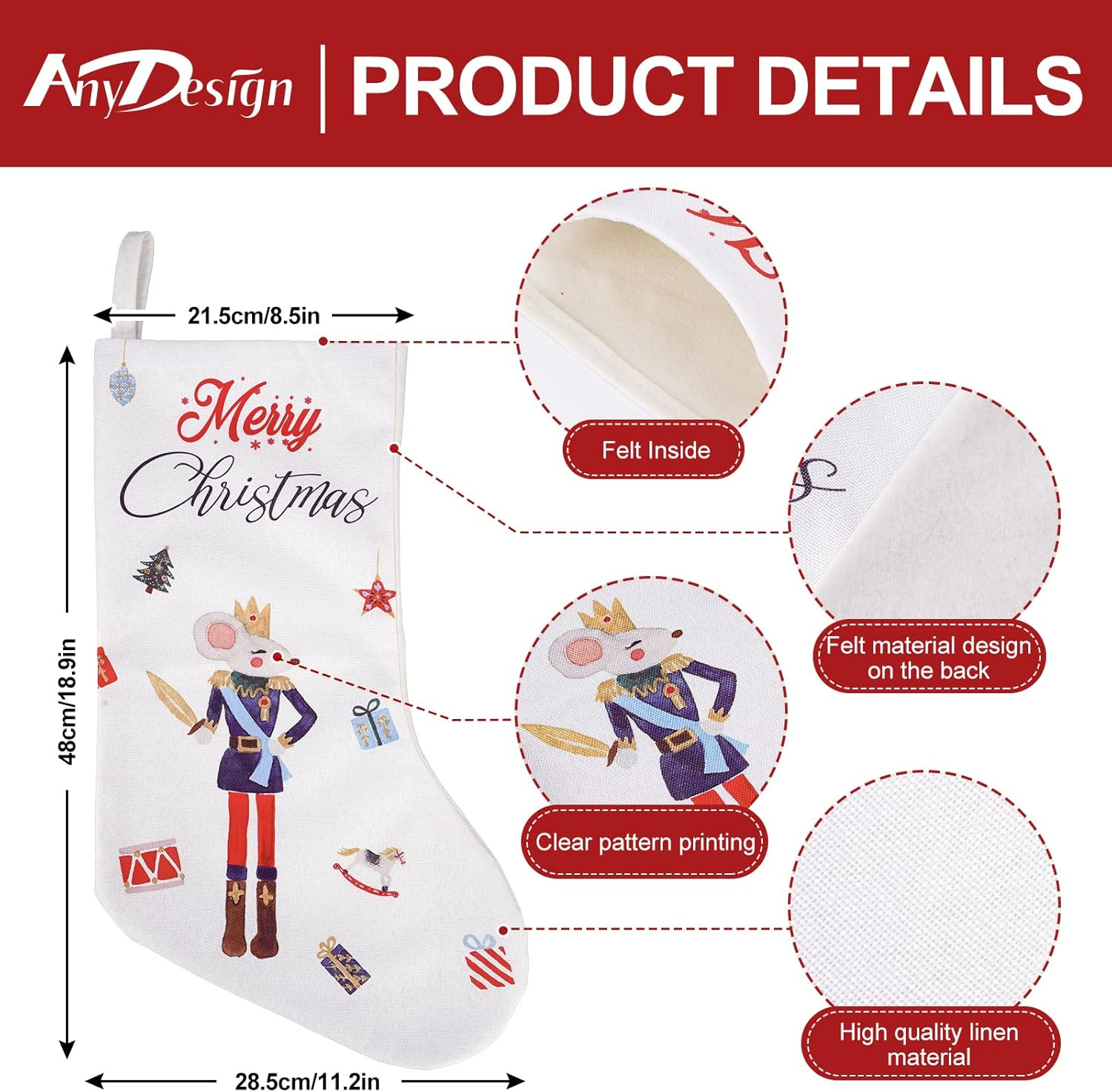 Anydesign Large Nutcracker Christmas Stocking 18 Inch Xmas Hanging Stocking 3Pcs Rustic Vintage Watercolor Favor Treat Stocking Gift Bag for Kids Fireplace Xmas Tree Indoor Party Decoration image number 4