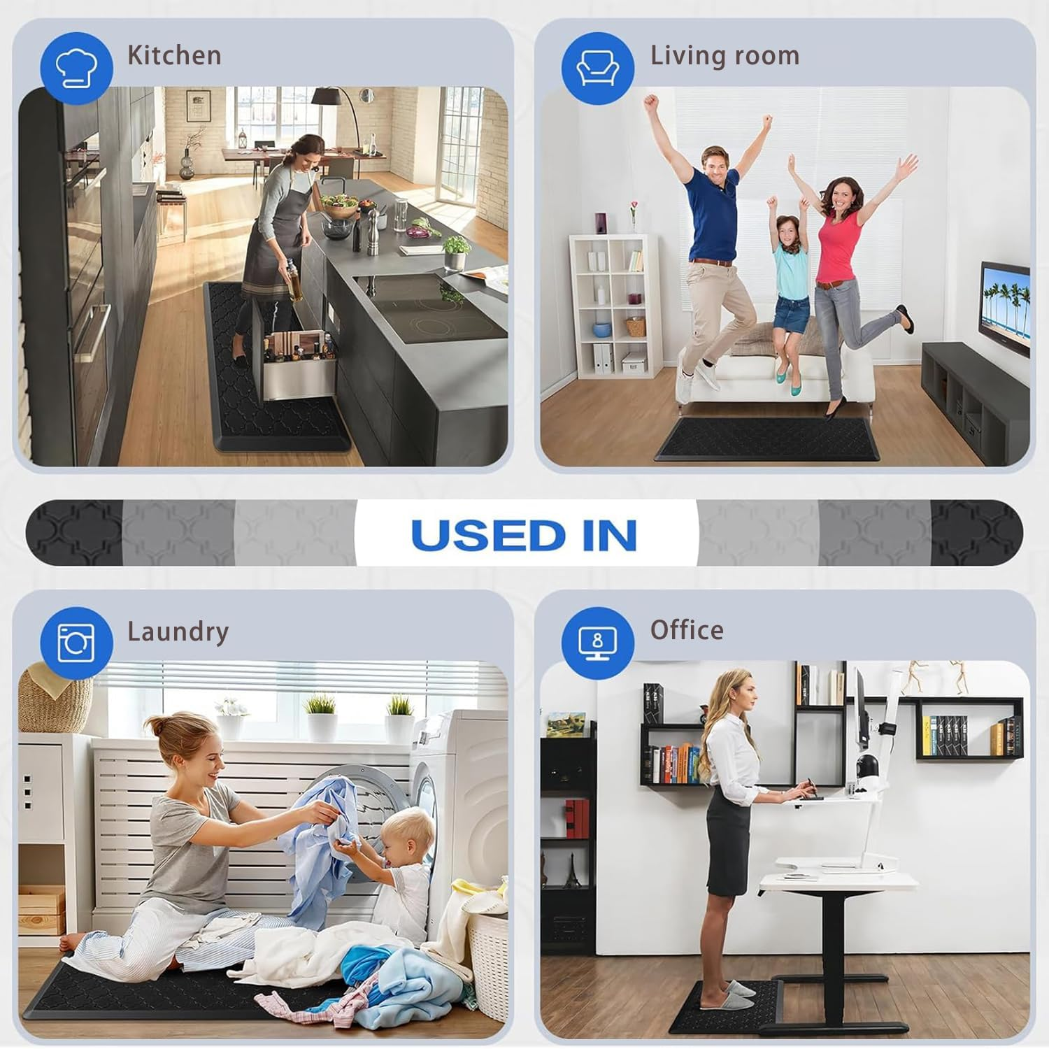 Kitchen Rugs and Mats &mdash; 12Mm Thick Kitchen Floor Mats, anti Fatigue Waterproof for Kitchen, Office & Garage，Non Skid Standing Kitchen Rug 2 Piece &mdash;（44X75Cm+44X150Cm，Black） - Grey image number 7