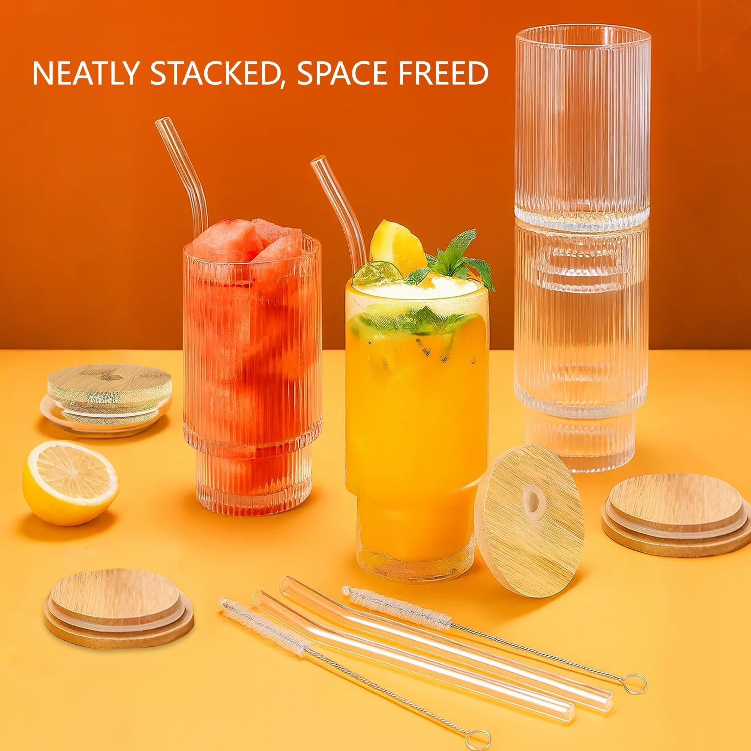 Vintage Drinking Glasses Set of 4, Overnight Oats Containers with Bamboo Lidset and Reusable Straw, 11Oz Iced Coffee Cup Mugs Glassware with Bottle Brush for Iced Americano Cereal Yogurt Milk Beverage