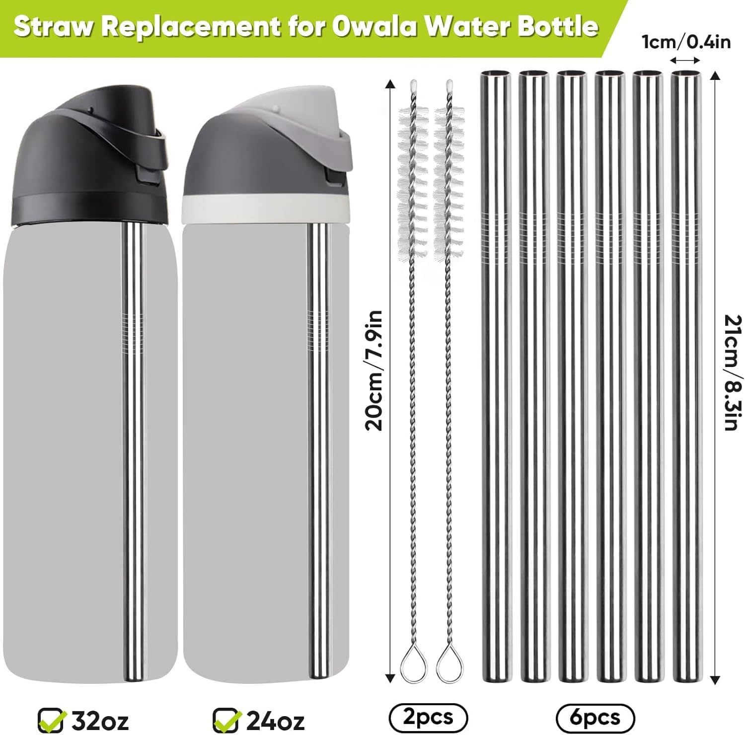 6 PCS Metal Replacement Straws for Owala Water Bottle 24 Oz 32 Oz, Reusable Stainless Steel Straws with 2 Cleaning Brush Compatible with Owala Water Bottle