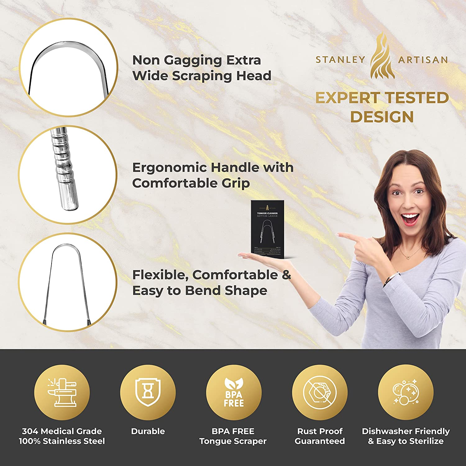 Stanley Artisan Tongue Scrapers - Tongue Cleaner with 2 Pieces Travel Cases - Surgical Stainless Steel Rustproof Tongue Scrapers Effective Reusable Lifetime Scraper - (2 Count (Pack of 1), Sliver) image number 4