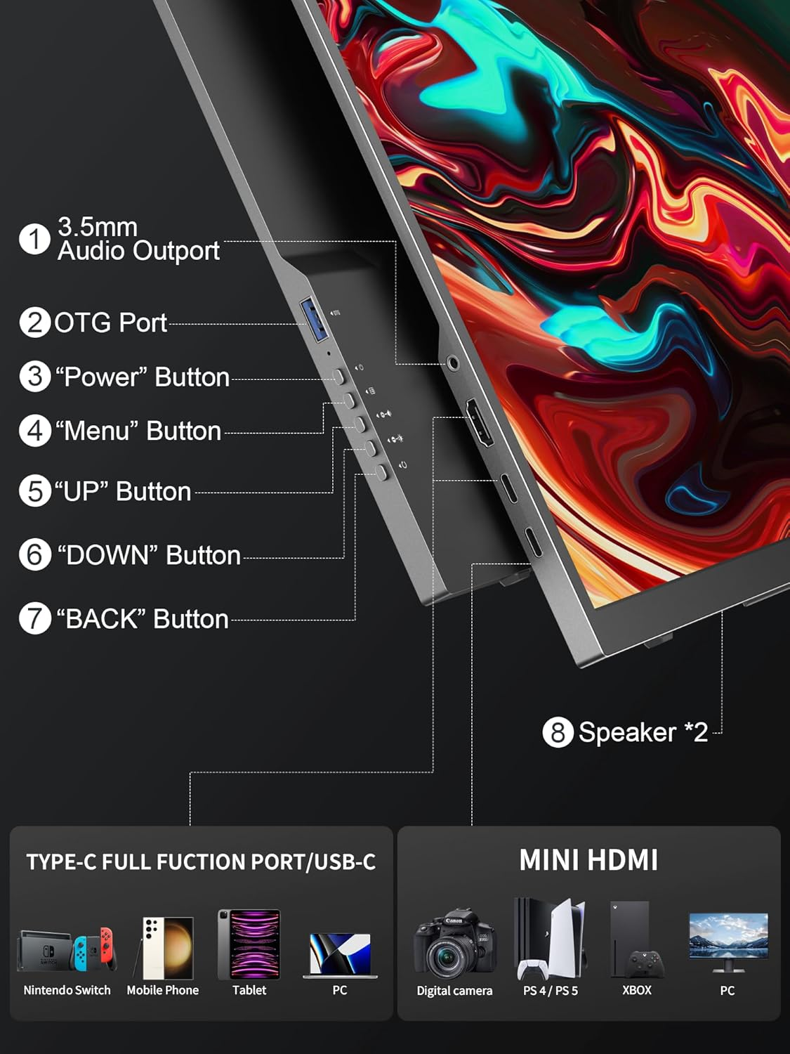 Magicraven Large Portable Monitor, 18.5" 1080P 100Hz Laptop Screen, USB C Computer Display, Travel Monitor for PS4/5 Xbox Switch MAC PC Phone image number 3