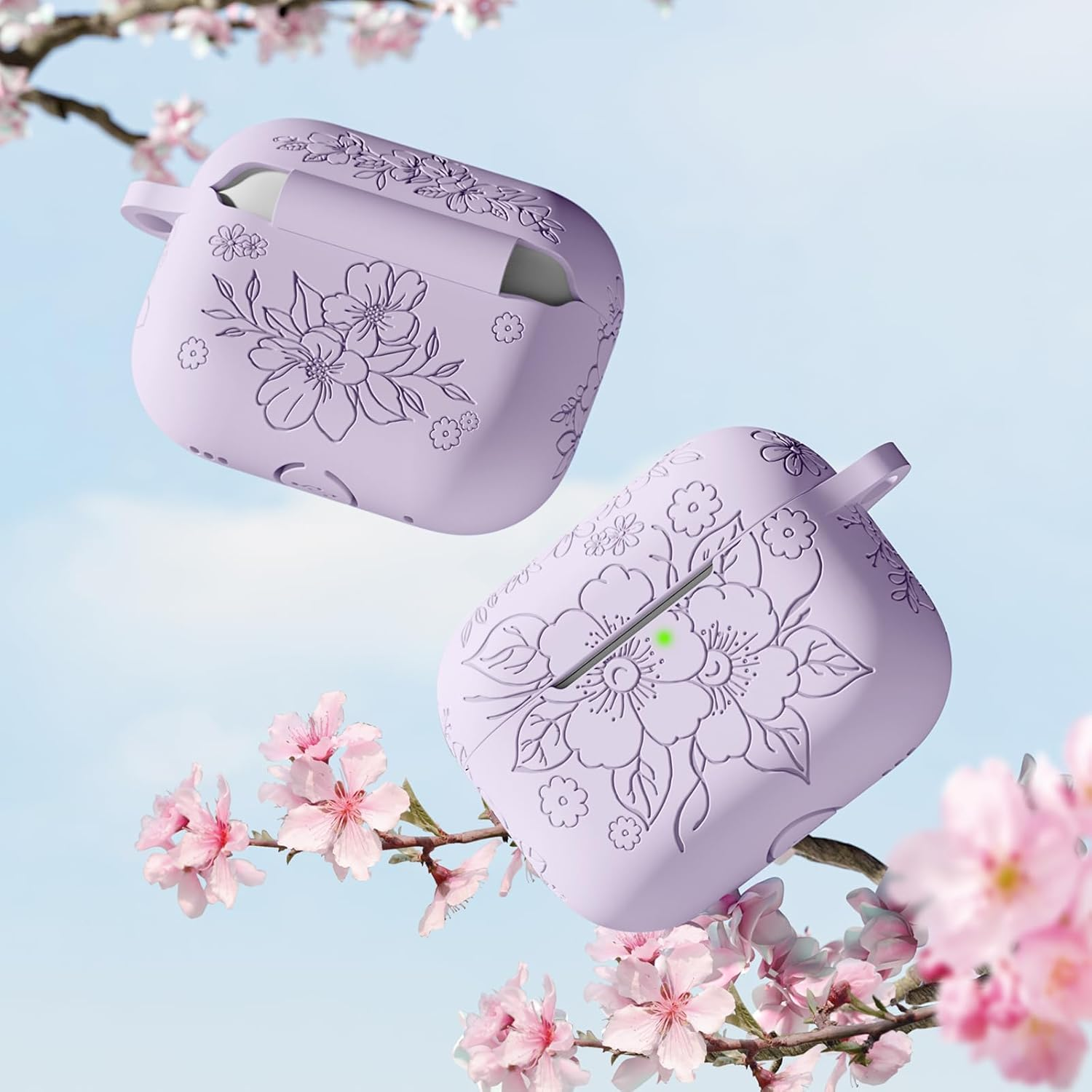 WJK Compatible with Apple Airpods Pro 2Nd Generation Charging Case, Soft Silicone Flower Engraved Protector with Keychain for Airpods Pro Case 2Nd/Airpod Pro Case, Front LED Visible, Lavender - Lavender image number 6