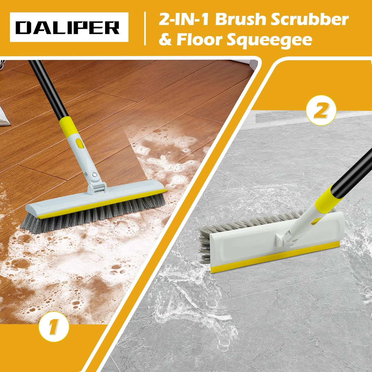 DALIPER Floor Scrub Brush with 50" Long Handle for Cleaning, 2 in 1 Scrape Scrubber Brush with Squeegee, 180&deg; Rotating Tile Tub Scrub Brushes Attachment for Clean Bathroom Deck Kitchen and Floor Wall image number 4