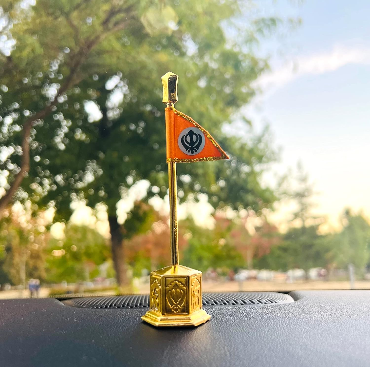 Nishan Sahib Khanda Model for Car Dashboard and Table Punjabi Home Decor Golden Sikh Punjabi Car Dashboard Accessory for Punjabi Car Dashboard Gold Plated Perfect Size for Car Dashboard 13 CM Long. image number 3