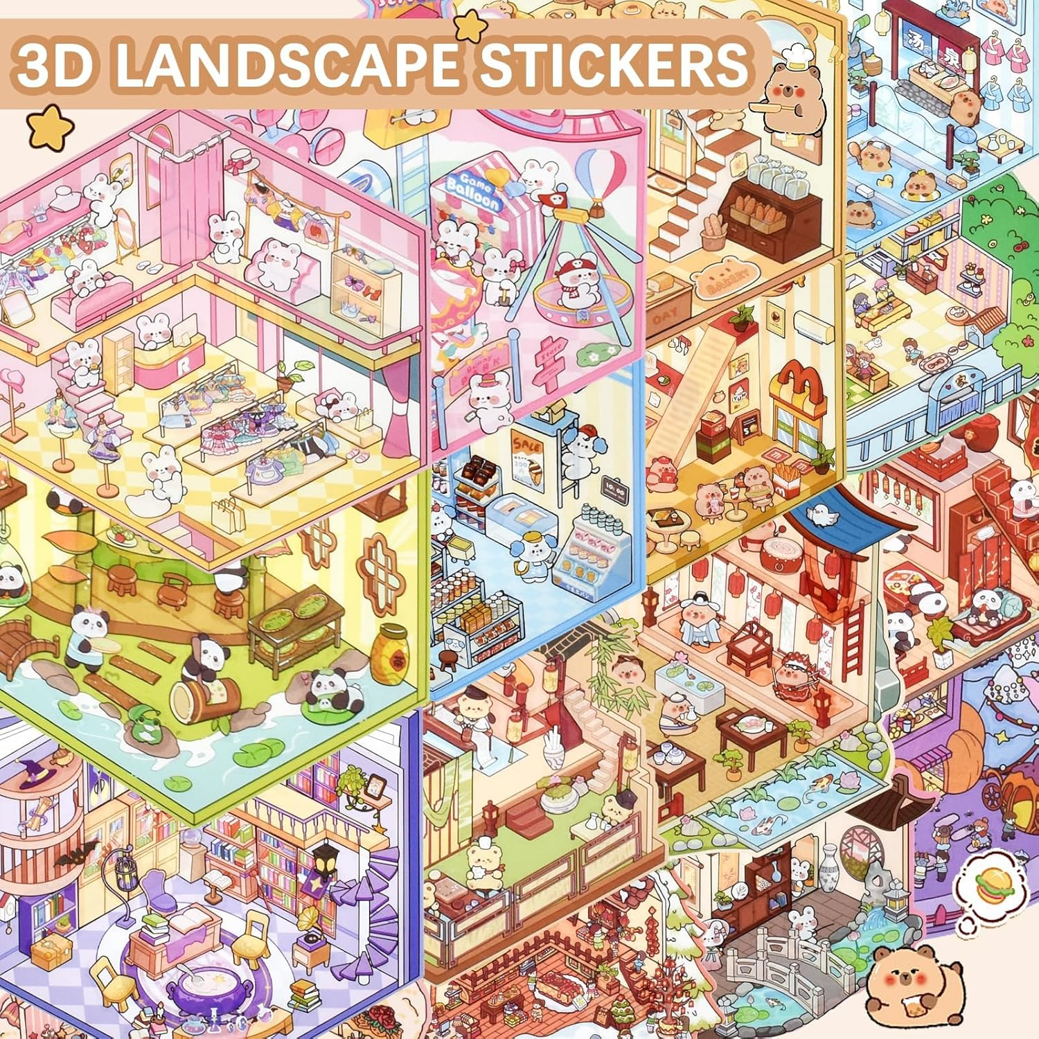 DIY 3D Sticker Scene Book - 20 Sets of Cute Cartoon House Stickers for Stress Relief & Art Therapy, Fun Creative Activity to Pass Time for Kids & Adults image number 4