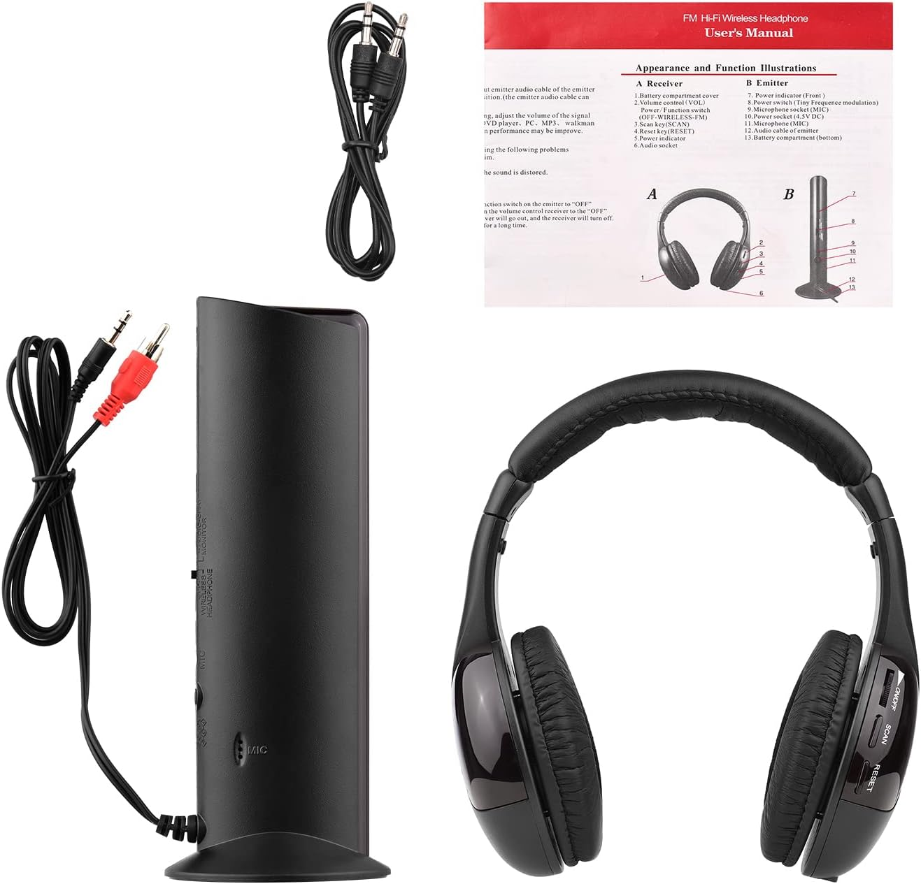 Mingzhe 5-In-1 Multifunctional Wireless Headset FM Hi-Fi Wireless Headphone Emitter & Receiver Set FM Radio Computer TV Monitor Cordless Headphone Wired Headset with Microphone for TV Listening Voice image number 2