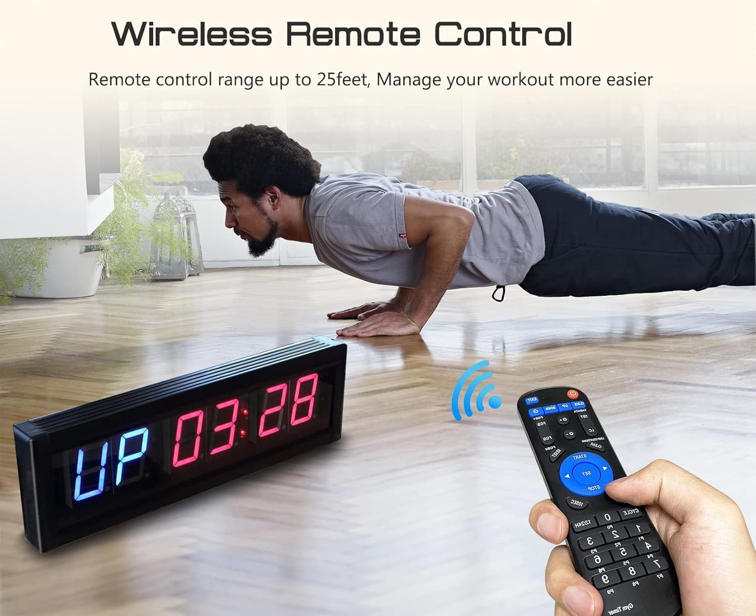 Miners2000 Gym Timer Clock for Home Gym with Remote, 1.5" Gym Clock Timer Stopwatch Count Down/Up, Workout Timer Interval Clock with Buzzer, LED Interval Training Timer for Home Garage Outdoors