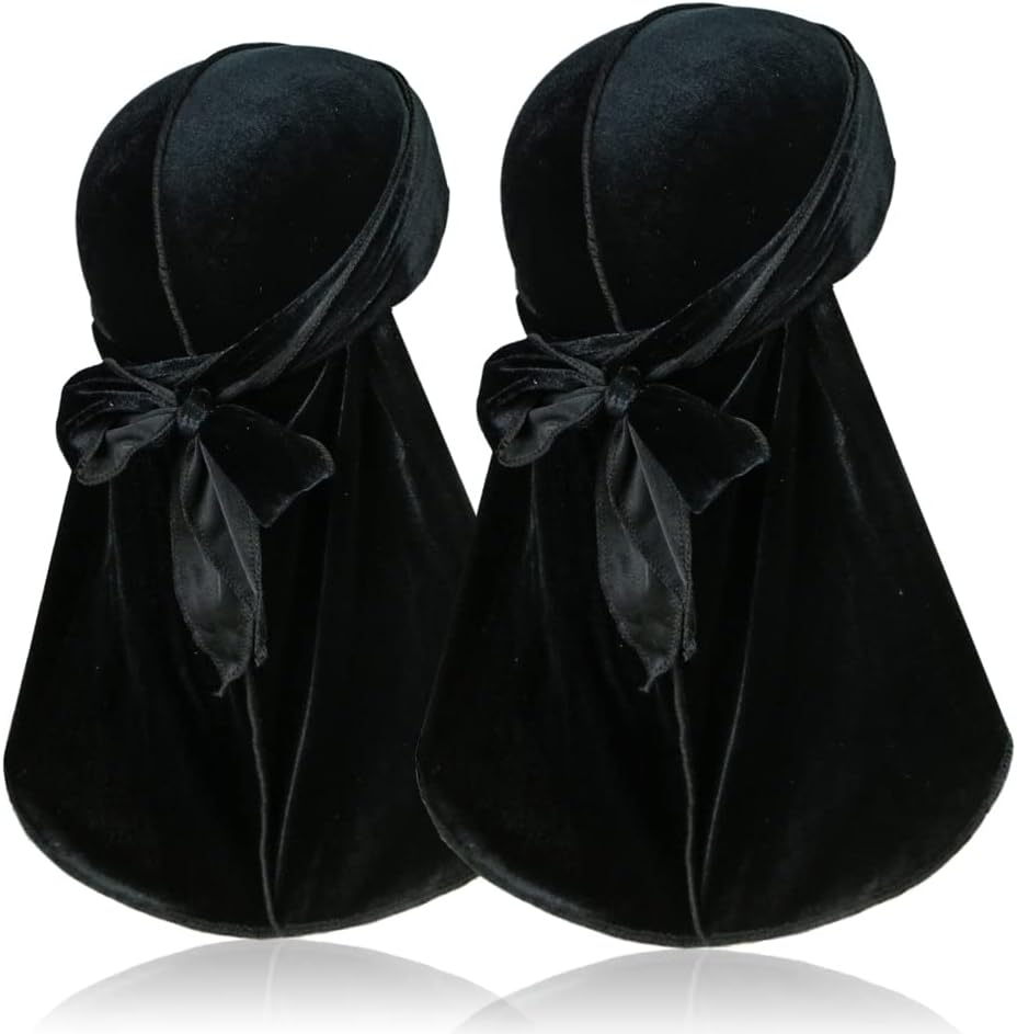 2 Pieces Velvet Durags for 360 Waves, Silky Doo Rag Durag Head Wraps with Extra Long Tail and Wide Straps for Men Women