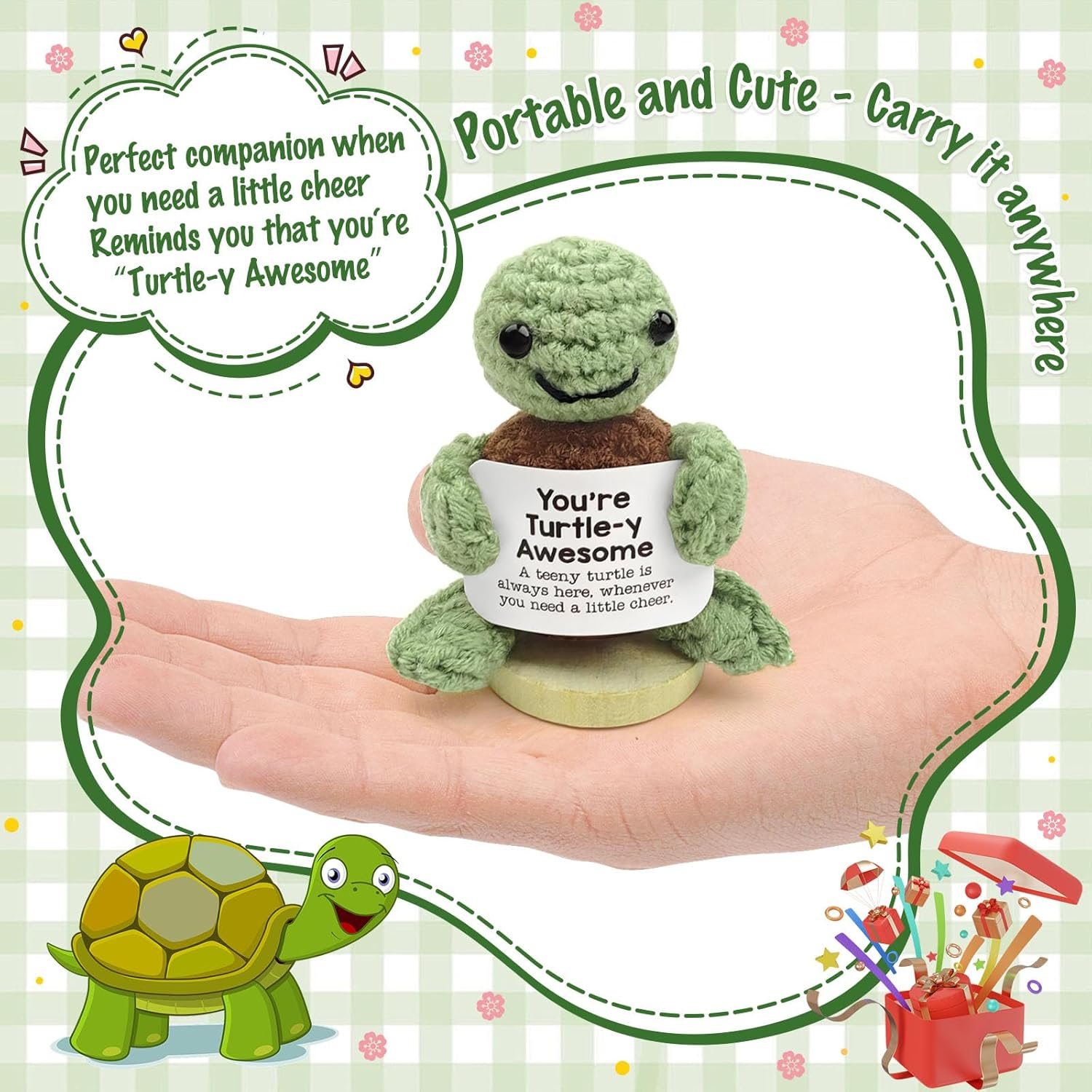 Mini Postive Crochet Funny Gift, 2PCS 3 Inch Cute Crochet Sunflower Pot Desk Decoration Toy with Positive Card for Dad Father Women Mom Best Friend Teacher Fall (Sunflower & Turtles) image number 6