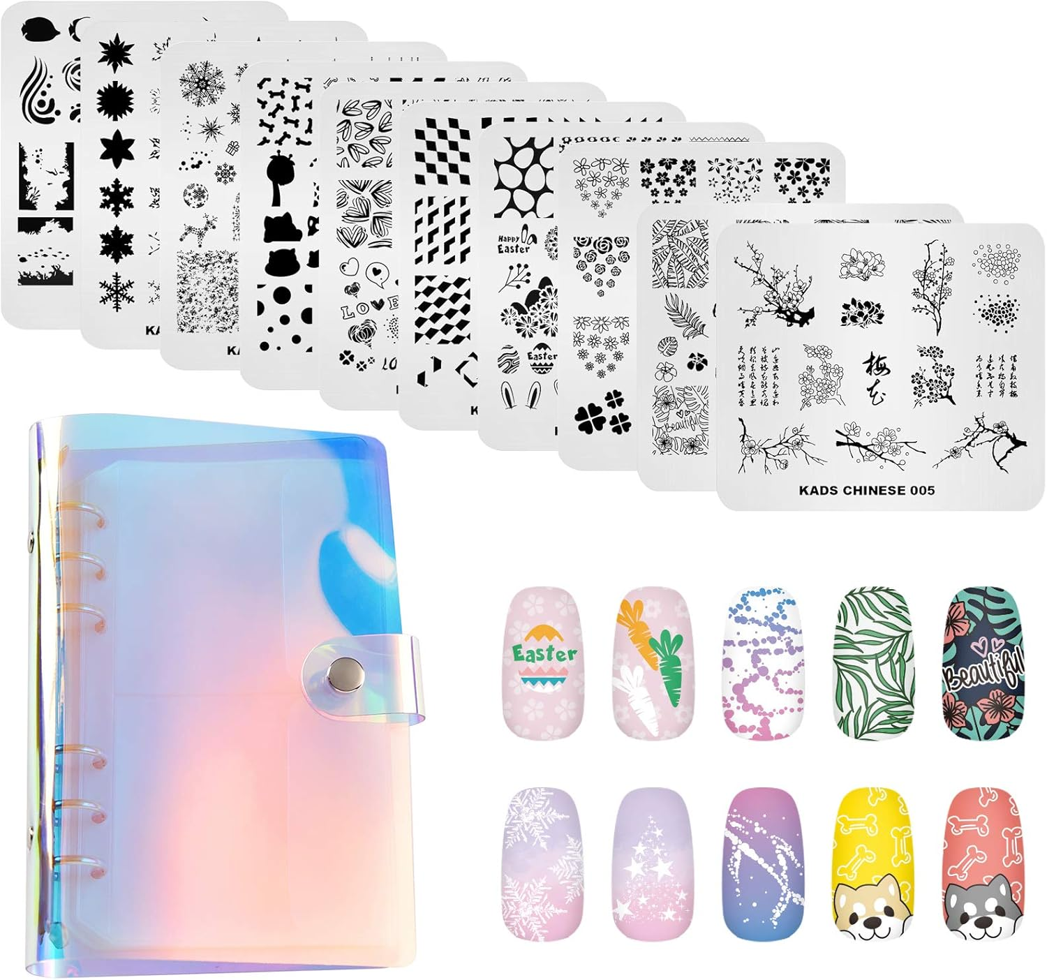 KADS 11Pcs Nail Stamp Plates Set 10 Plates Christmas Snowflakes Cute Animals+ 1 Laser Symphony Storage Bag Christmas Nails Art Stamping Plate Set Leaves Flowers Animal Nail Plate Template Image Plate image number 6