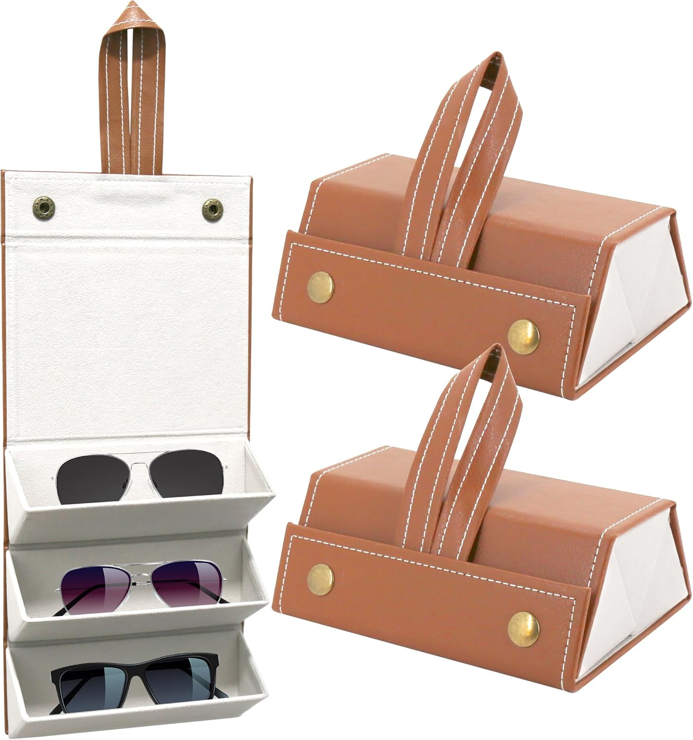 YOKONICO 2Pack Sunglasses Organizer Travel Case Foldable 3 Slots Glasses Organiser Portable Eyeglasses Storage Wall-Mounted Sunglasses Rack Hanging Storage Box Classic Durable for Women and Men