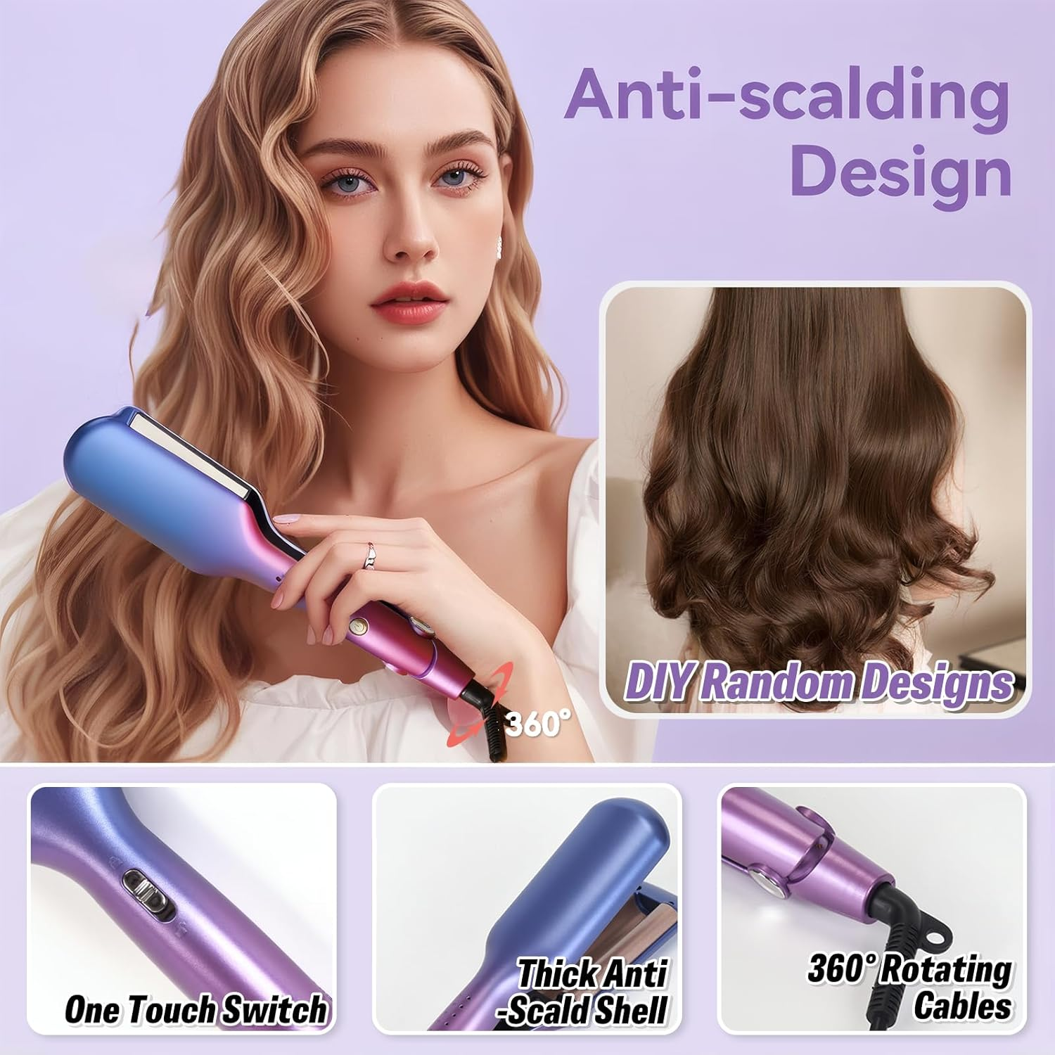 Curling Iron Hair Crimper Waver - Beach Waves Curling Wand, Ionic Deep Waver Hair Curler Tool with Ceramic 3 Barrel for Women,Ceramic Coated Barrel，Salon-Quality Waves & Curls (Compatible with All Hair Types) Dual Voltage, Anti-Scald image number 6