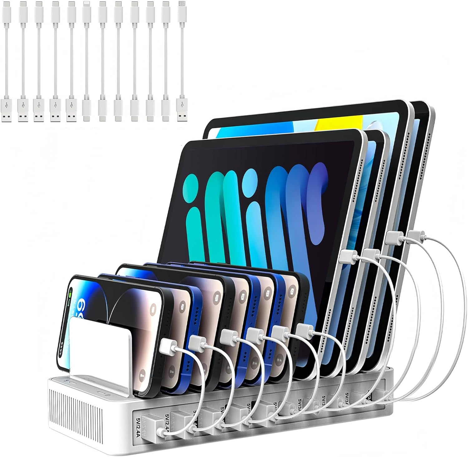 100W USB C Charging Station for Multiple Devices - 10 Ports USB Charger Hub with Smart IC Tech, Flat Plug, Adjustable Dividers, Compatible with Iphone, Ipad, Galaxy, Tablet