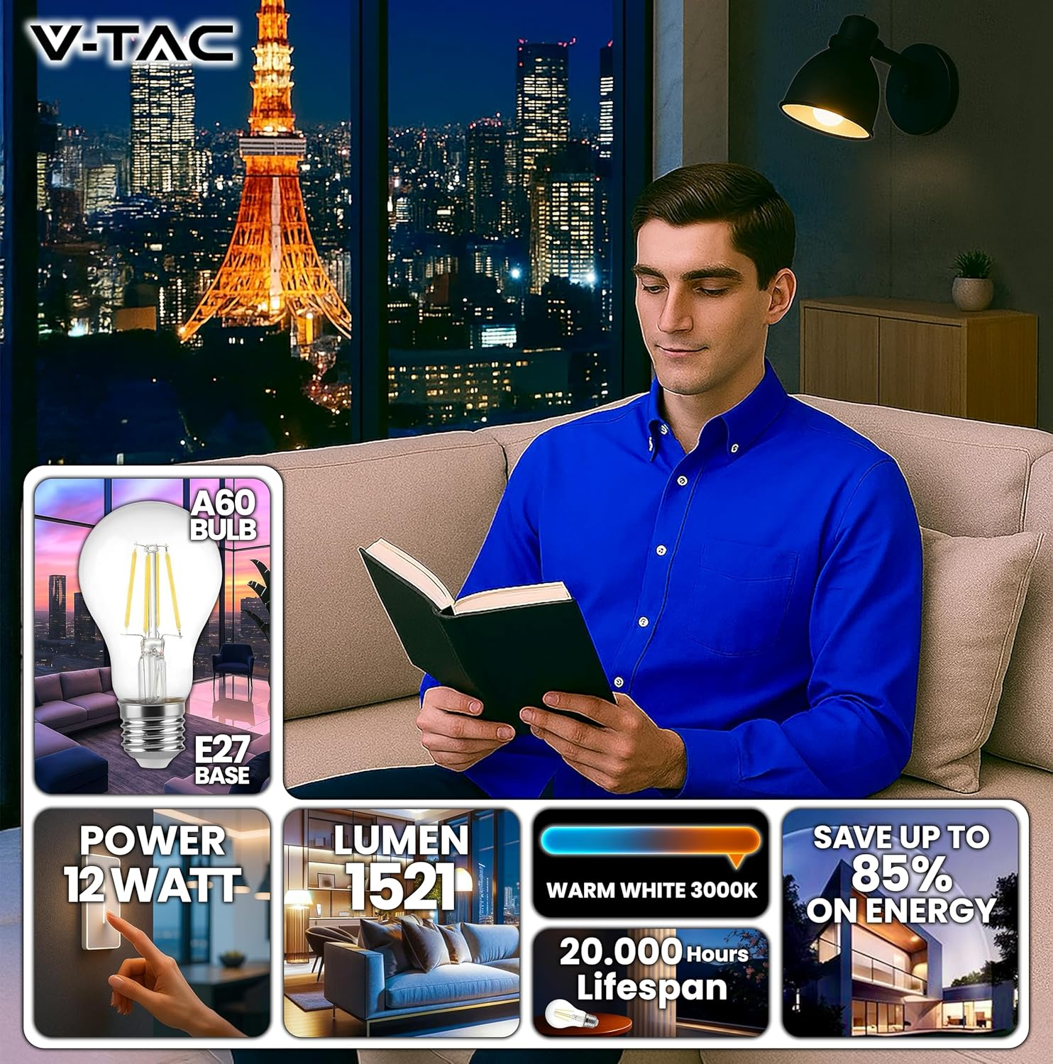 V-TAC 3 X LED Filament Bulbs E27-12W (Equivalent to 100W) A60-1521 Lumen &ndash; Vintage LED Glass Bulb &ndash; Maximum Efficiency and Energy Saving &ndash; 3000 K Warm White