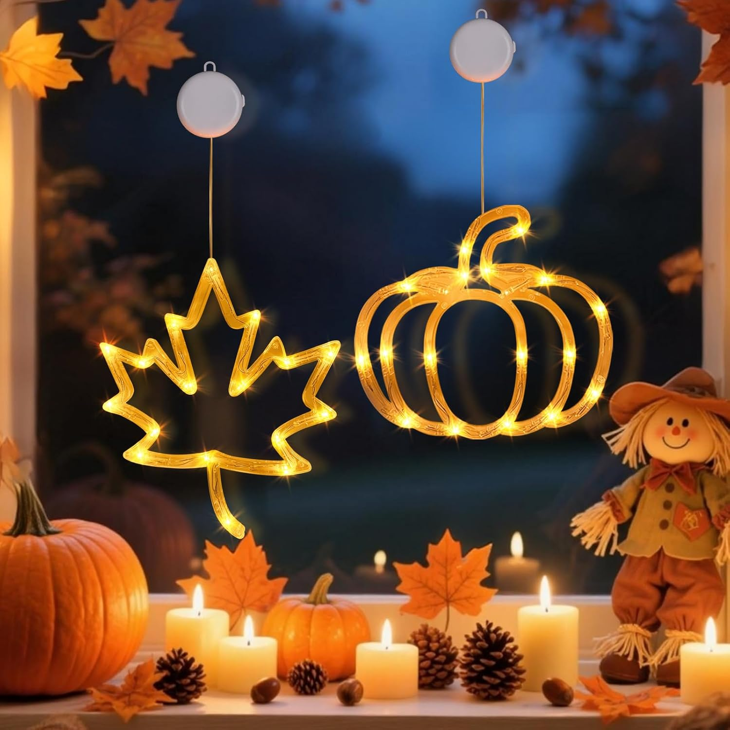 Autumn Decoration Window Lights, Autumn Decoration Pumpkin Maple Leaf with LED Light, Halloween Decoration Pumpkin Window Decoration with Suction Cup, Autumn Decoration Indoor Fairy Lights for Autumn image number 2