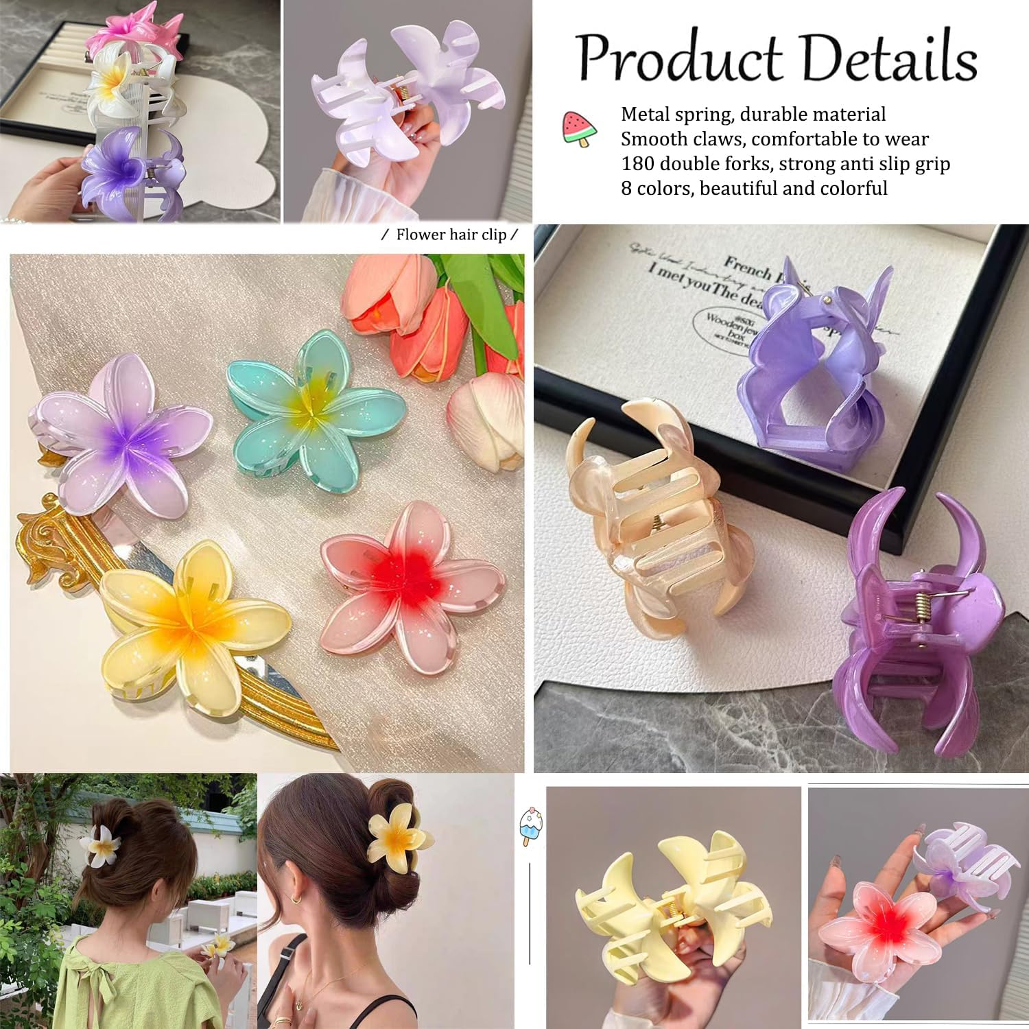 Flower Hair Clips, Pack of 8 Non-Slip Flower Hair Clips, Large Flower Hair Clip, Hawaiian Flower Claw Clips for Women, Thick, Thin Hair Styling Accessories (8 Colours) image number 6