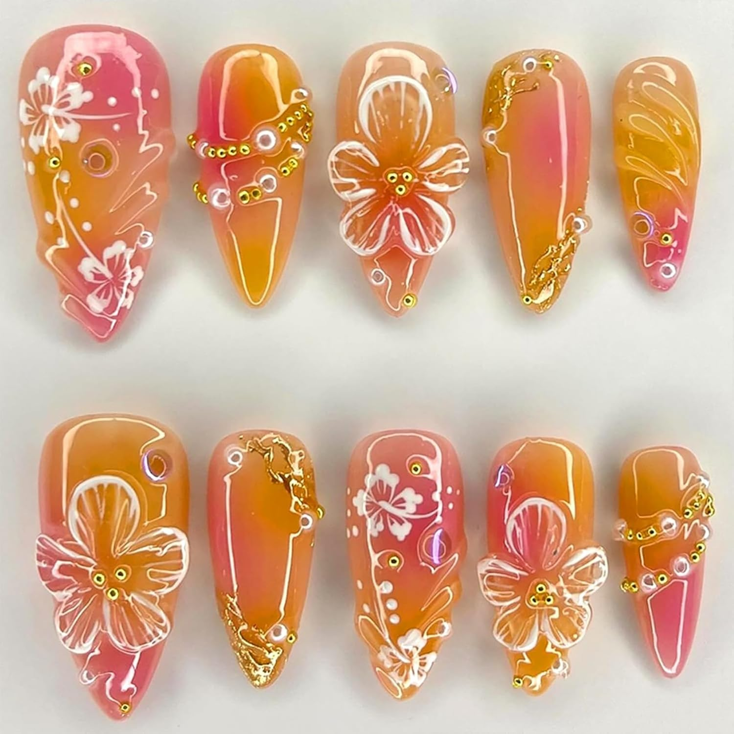 GHQHSQ 24Pcs Flower Press on Nails Medium Almond Fake Nails 3D Floral with Gold Pearl Rhinestones Glitter Glossy Design Orange Full Cover Stick on Nails Spring Summer False Nails for Women Acrylic Nails image number 2