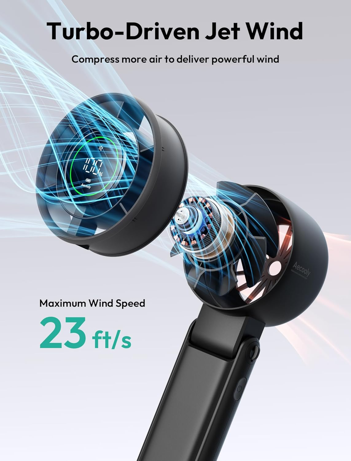 Aecooly 3 in 1 Portable Fan, Turbo Handheld Fan, USB Rechargeable Mini Personal [22H Max Cooling Time], Battery Powered Small Foldable Pocket for Travel Essentials, Gifts for Women, Girls - Black image number 4