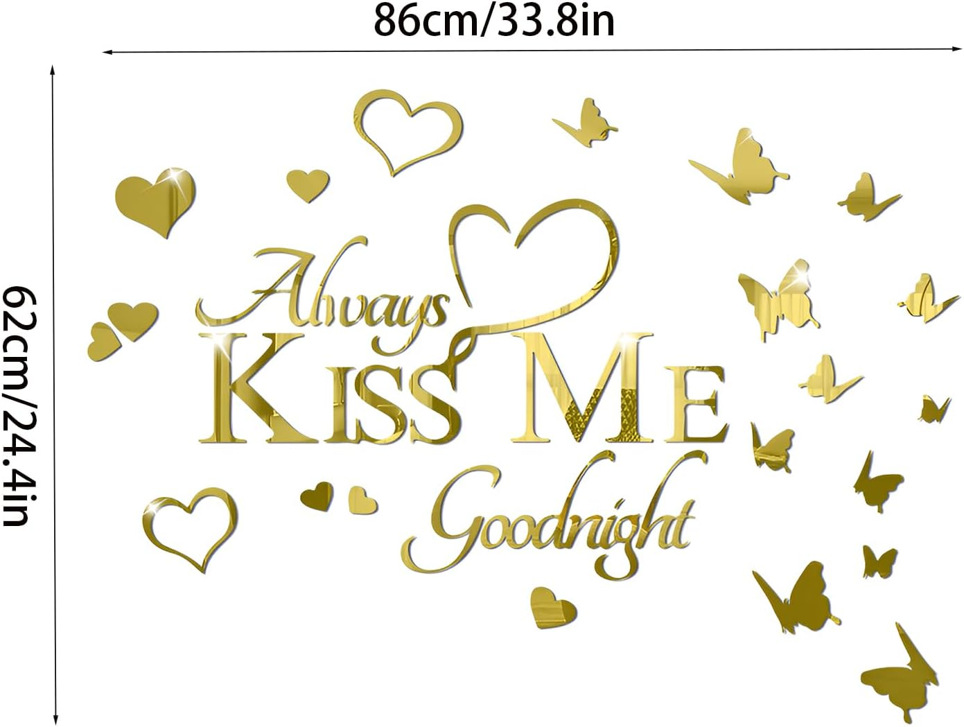 INCAUCA Always Kiss Me Goodnight Mirror Wall Decal, Peel and Stick Wall Stickers Decor for Bedroom, Decorative Romantic Couples Love Wall Words and Quotes, Lettering Art Sign over Bed, Gold image number 6