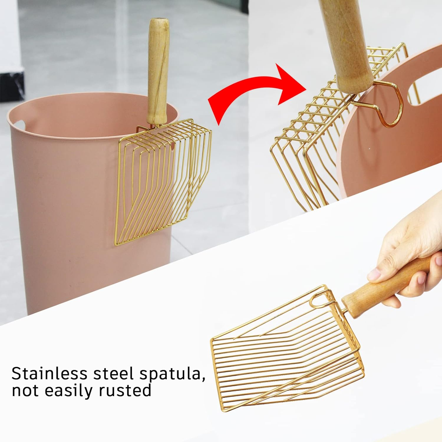 Cat Litter Scoop Stainless Steel Metal, Non-Slip Beech Handle Kitten Deep Shovel Holder for Maximum Sifting, Non Stick Scoop Sifter Cat Litter Shovel Cleaning Scoop image number 2