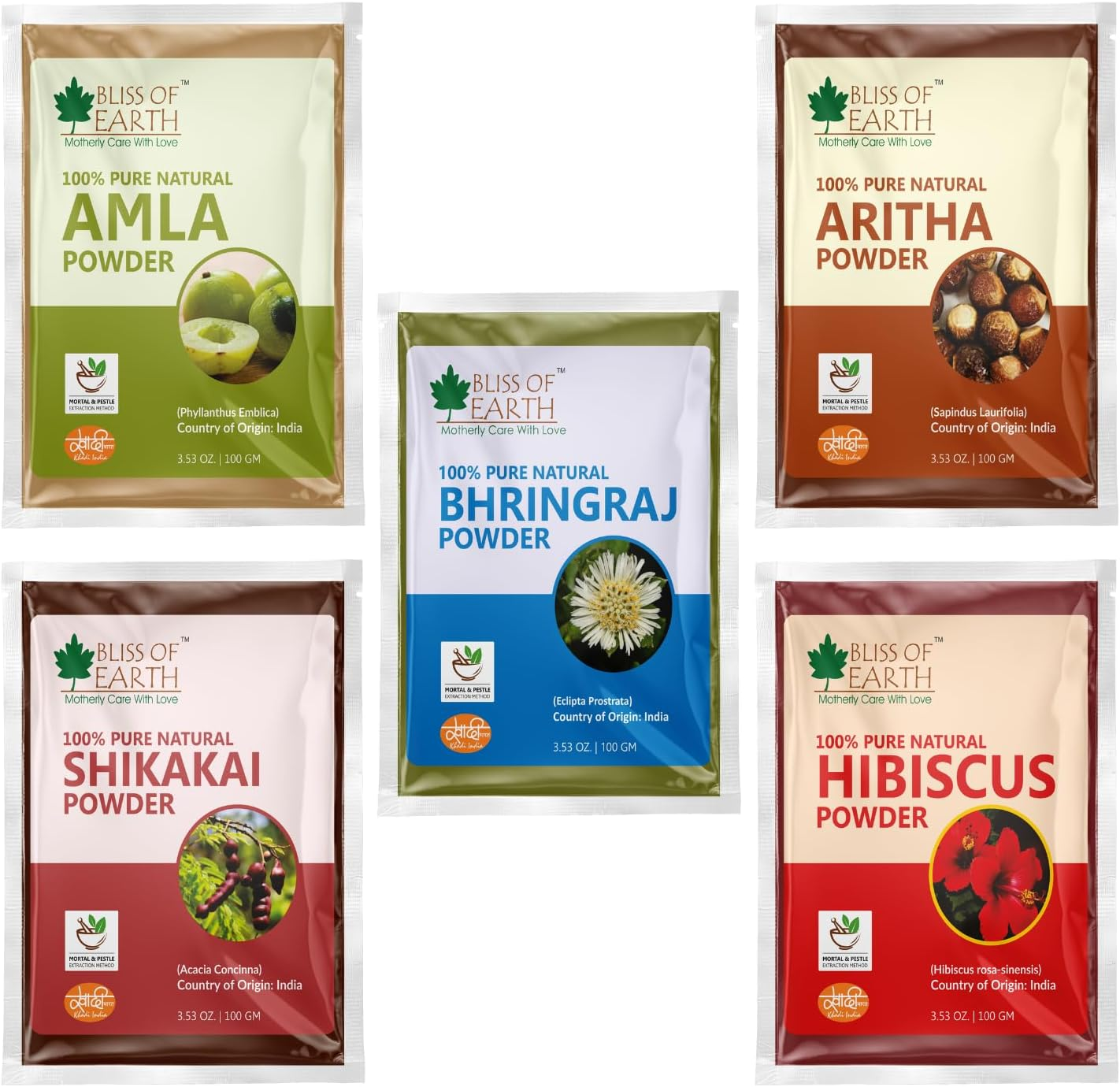 Bliss of Earth Amla, Reetha, Bhringraj, Shikakai, and Hibiscus Powder for Hair Growth & Hair Mask 100Gm Pack of 5 image number 2